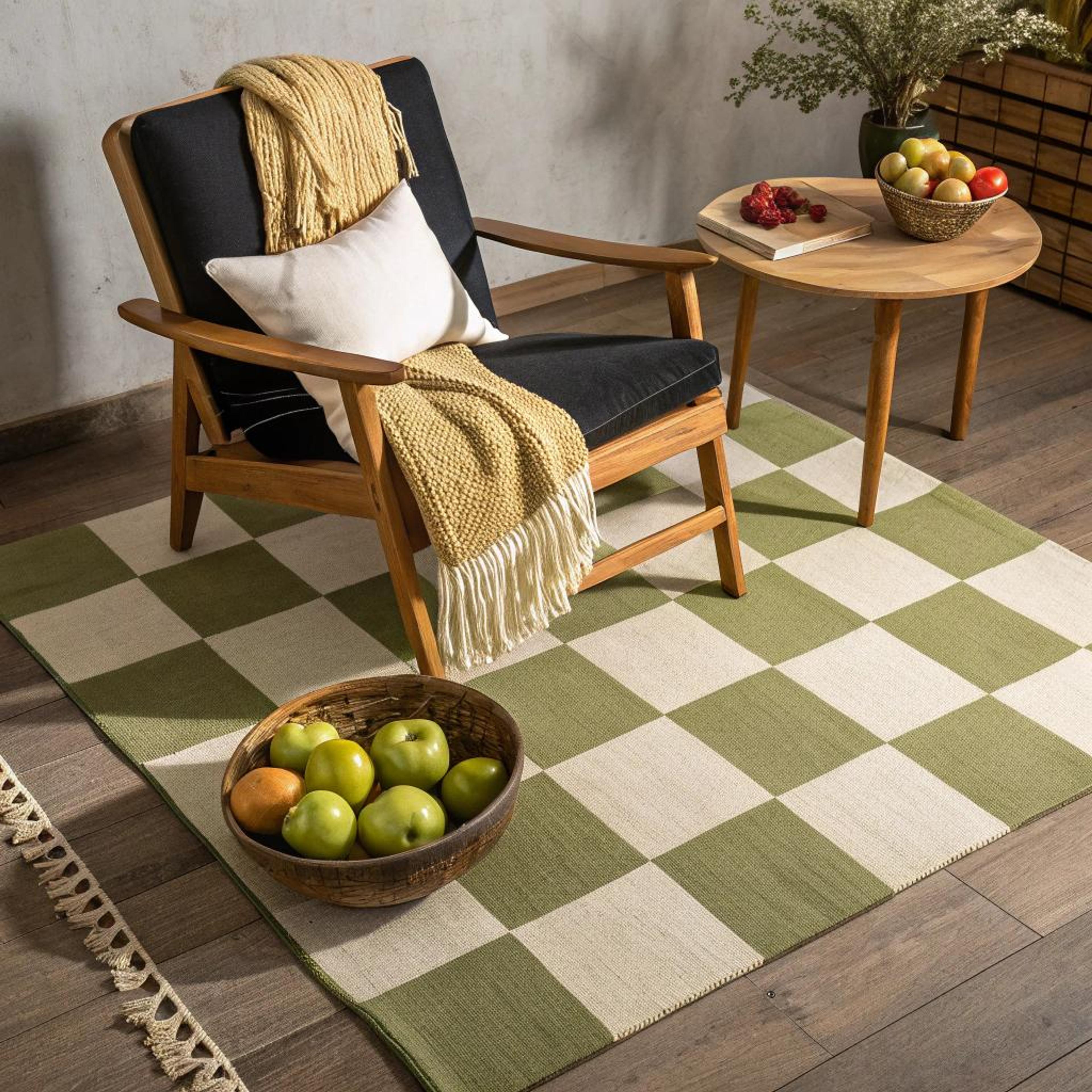 Vloerkleed layering met ruitpatroon