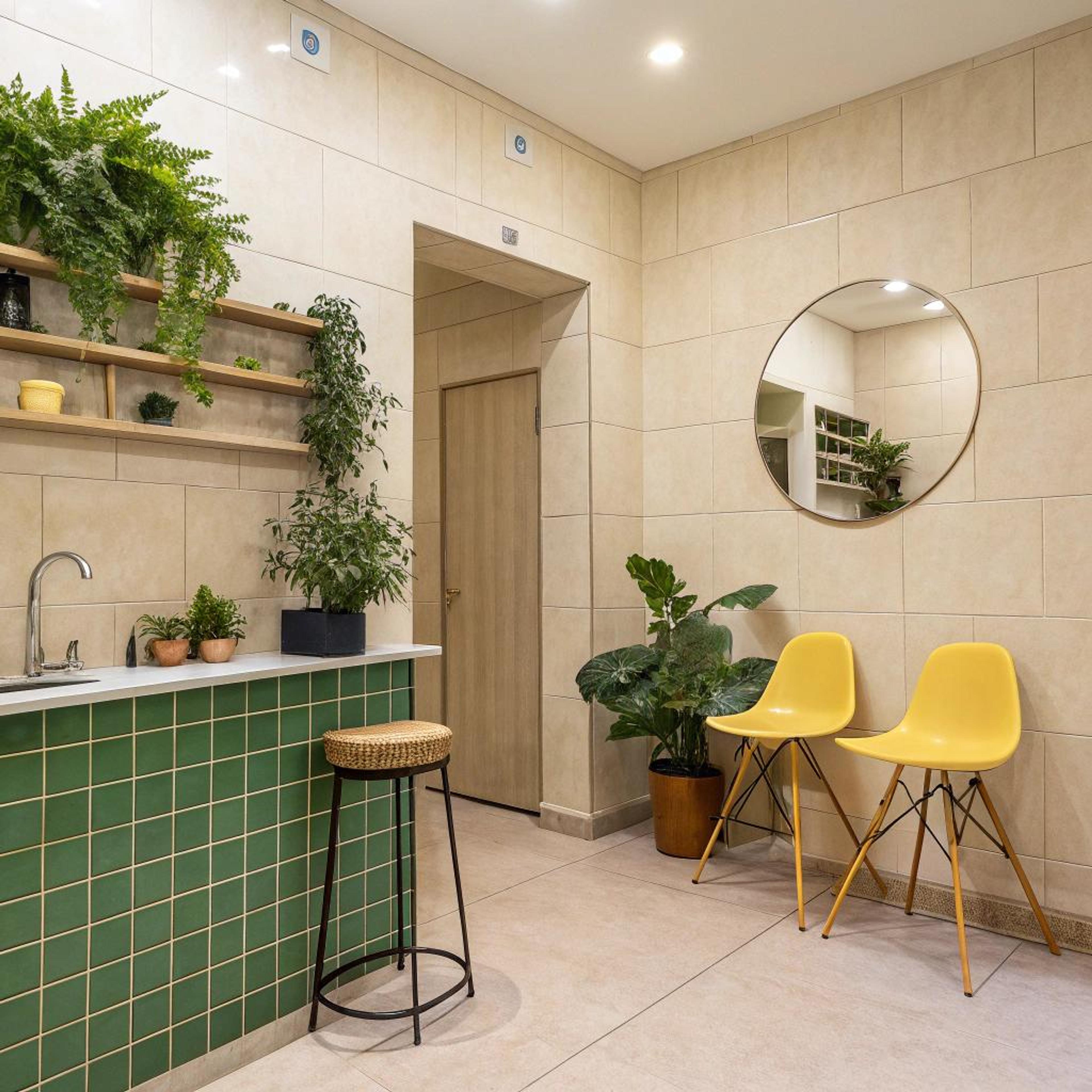 Beige zellige en groene accenten