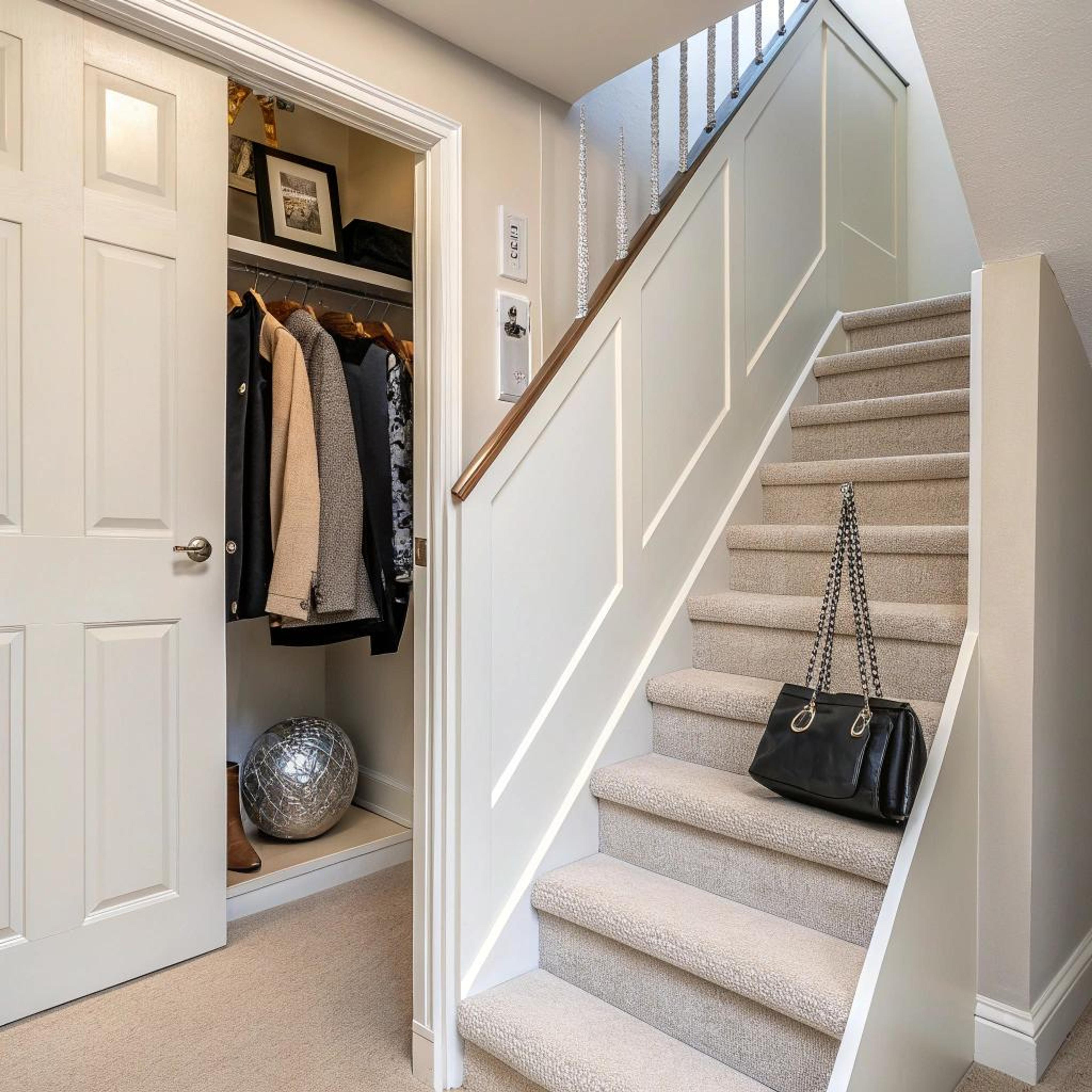 Glamoureuze opbergruimte met beige trap