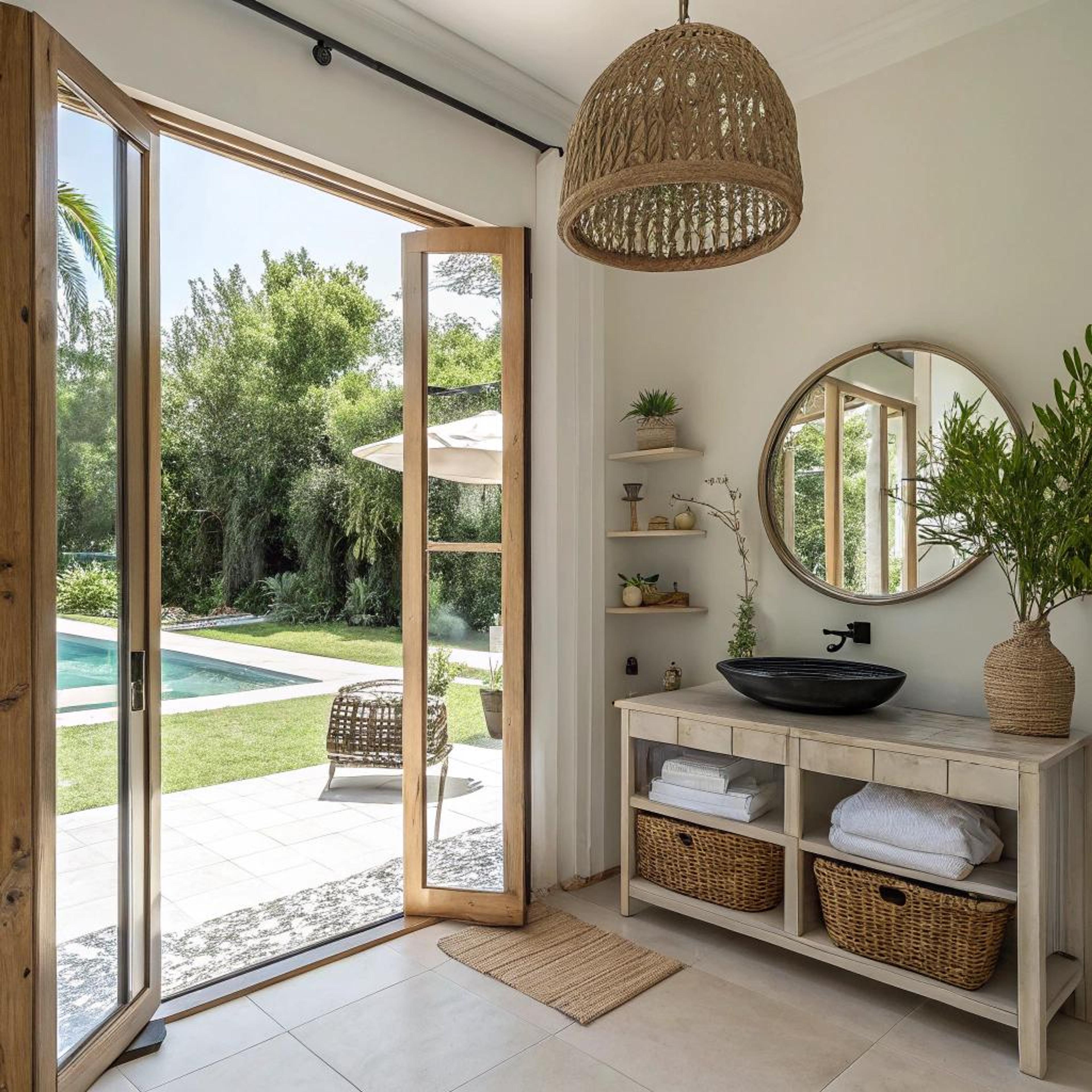 Rieten lamp boven wasbak