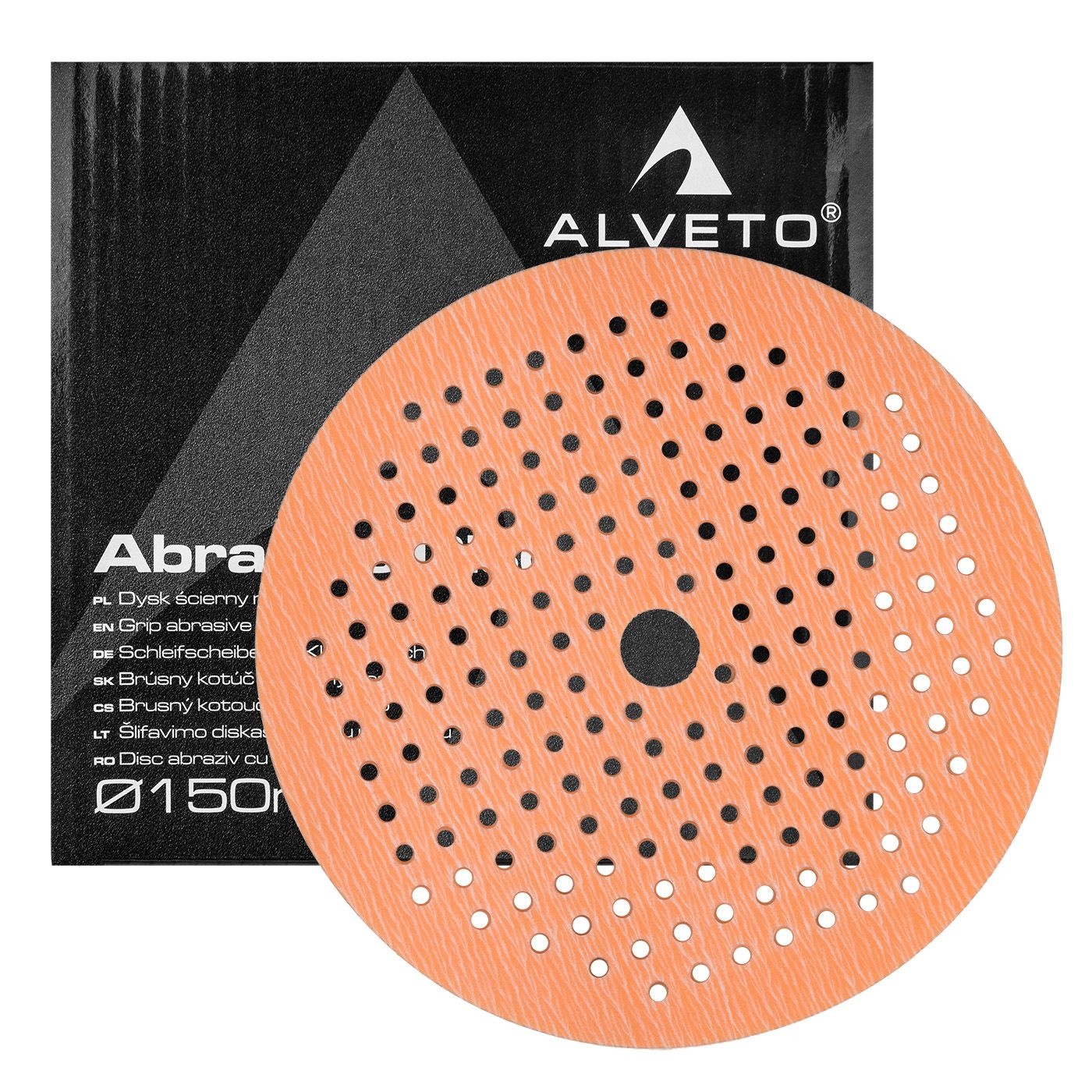 Alveto Prime 150mm multi-hole abrasive disc on a sponge