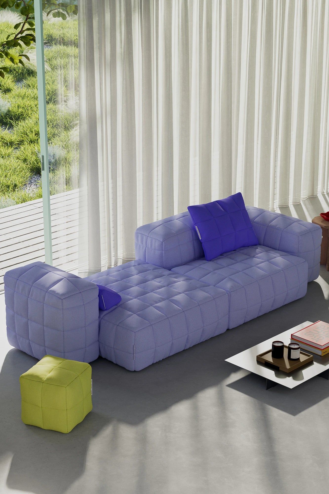 a light blue table with four upholstered chairs in a grey space