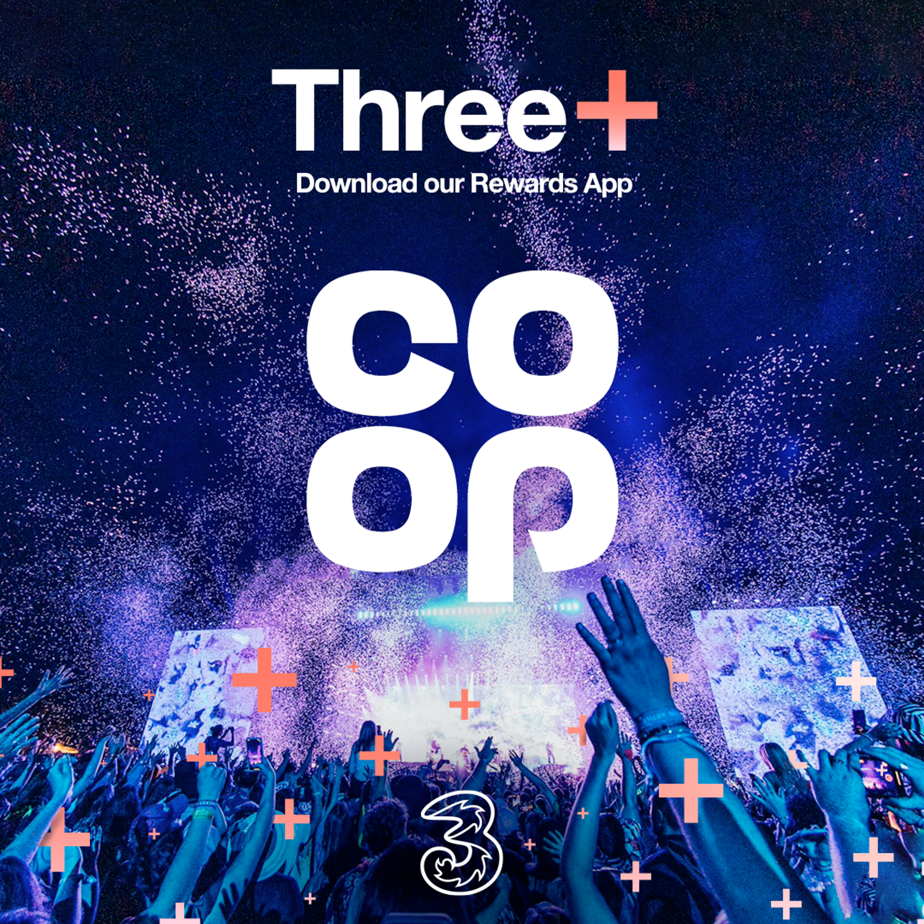Festival stage at night behind the Three+ and Co-Op logos
