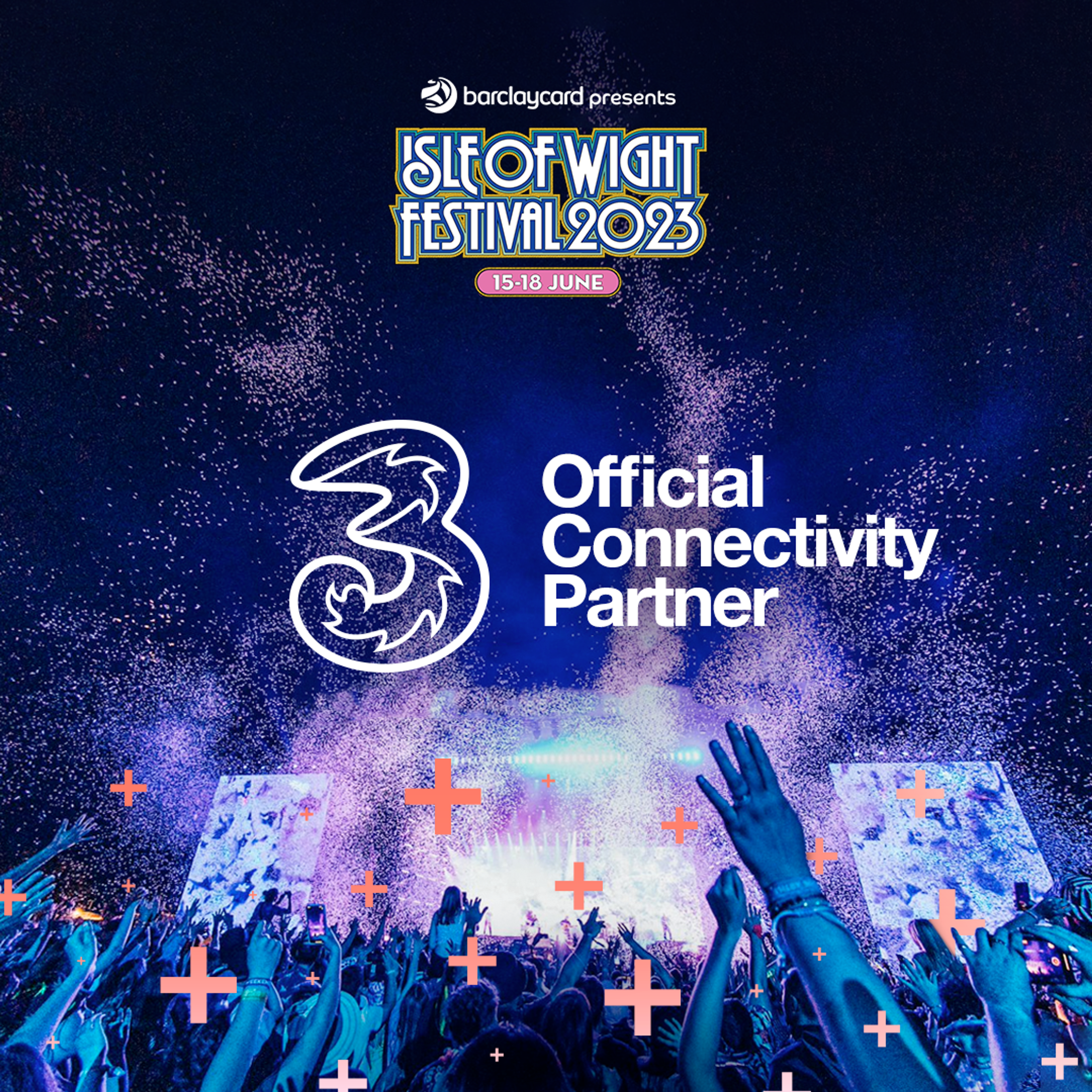 Festival stage at night behind the Isle of Wight 2023 and Three logos