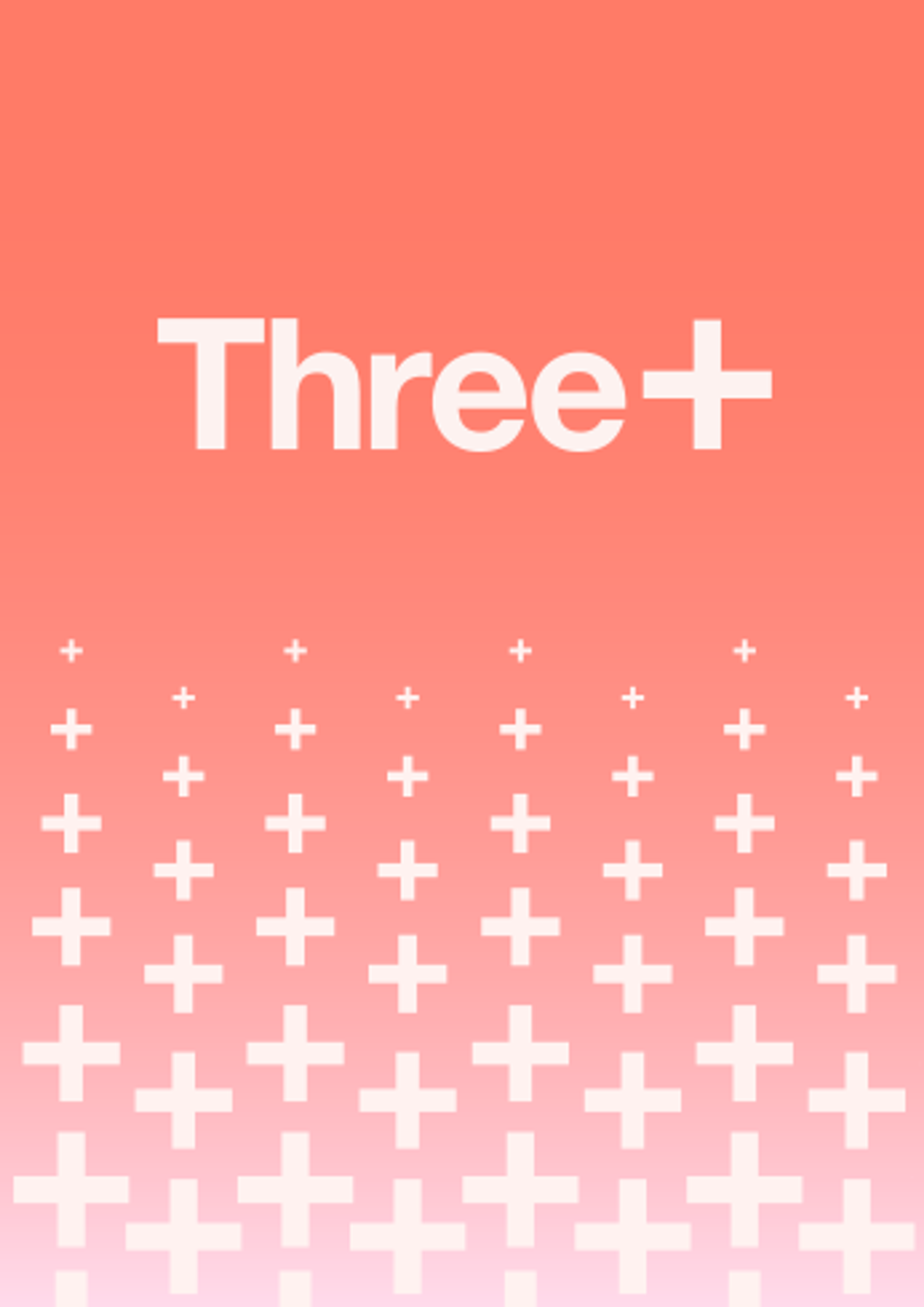 Three+ logo with aurora background, and multiple plusses in white