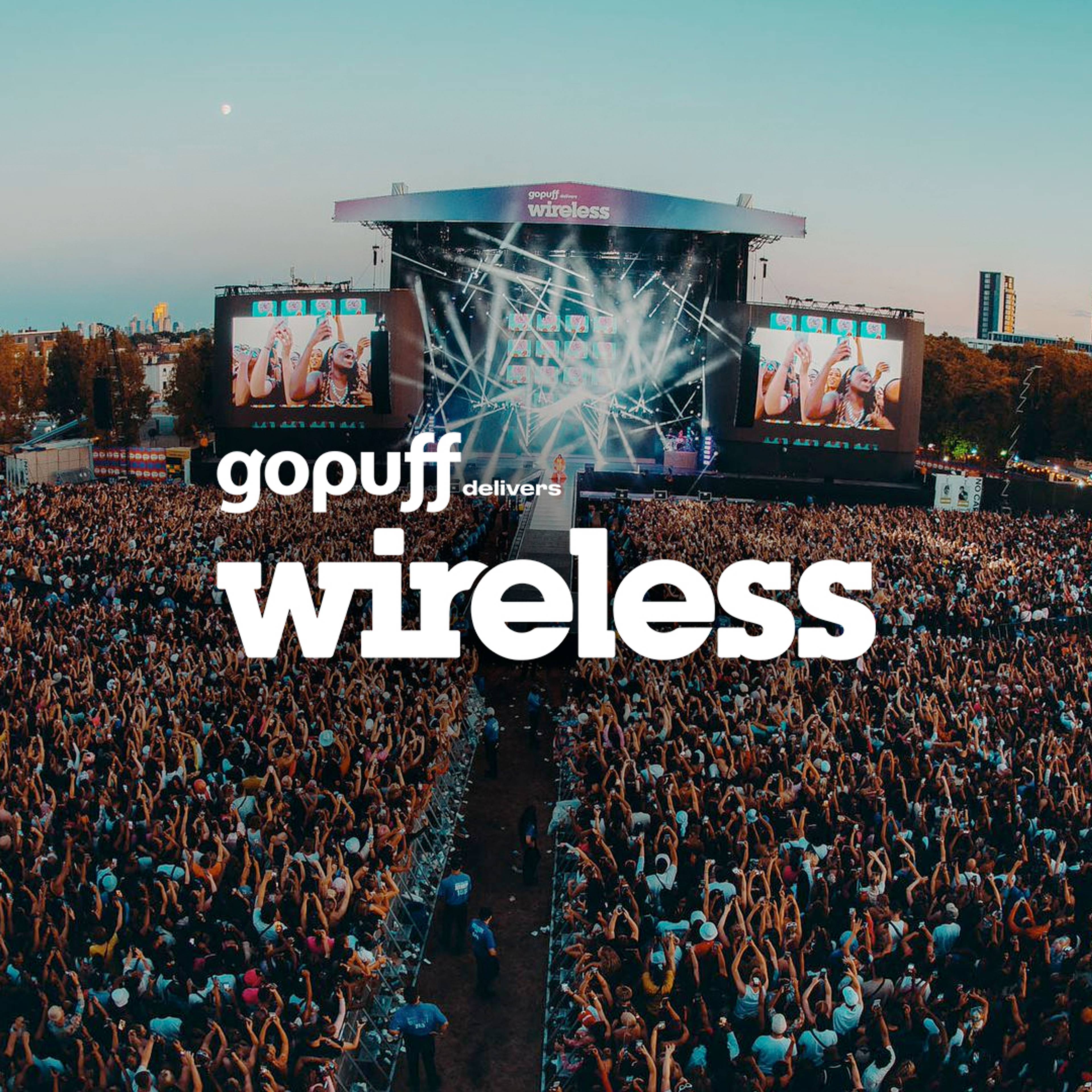 Festival stage in the day behind the Wireless 2023 logo