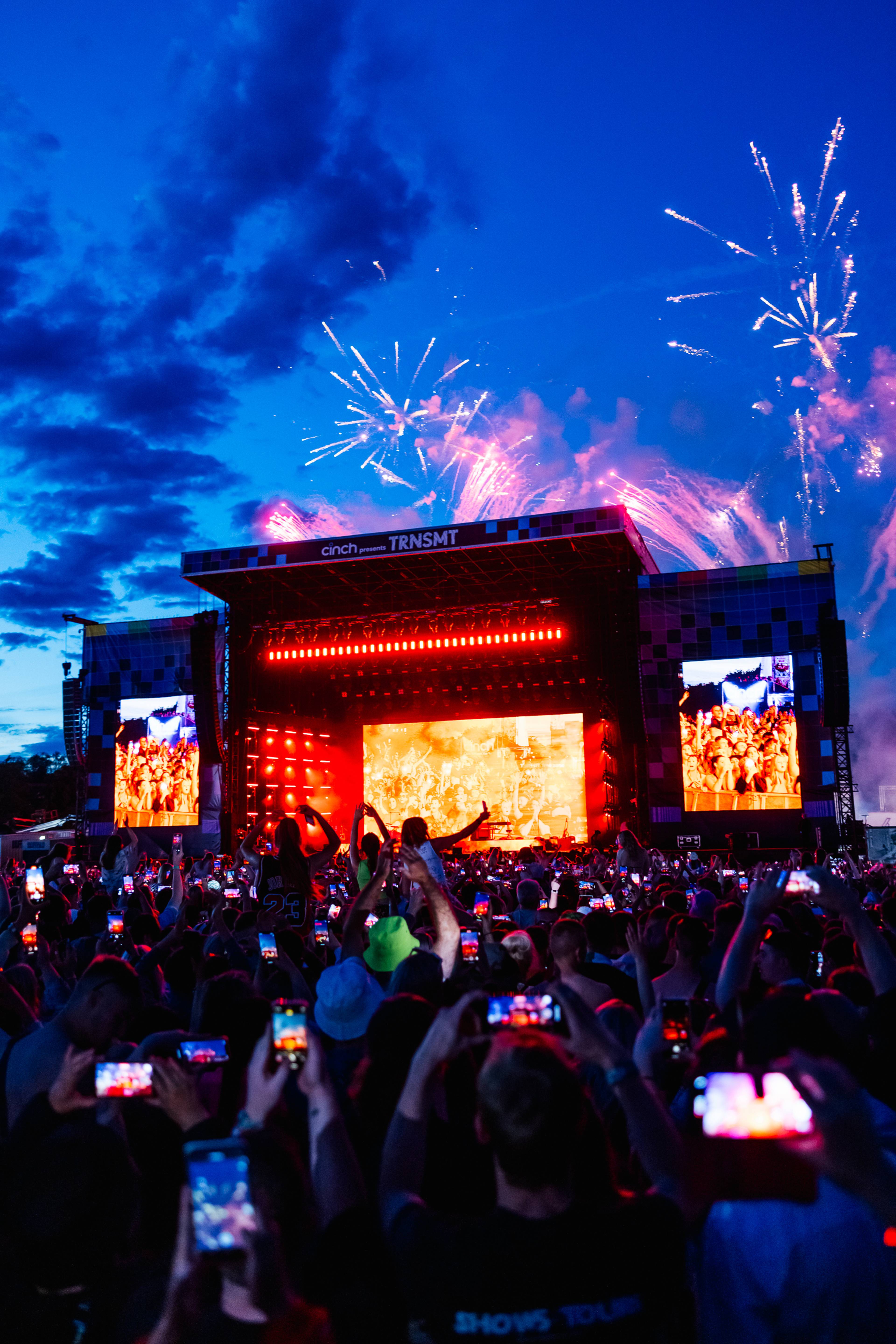 TRNSMT festival stage at night with fireworks