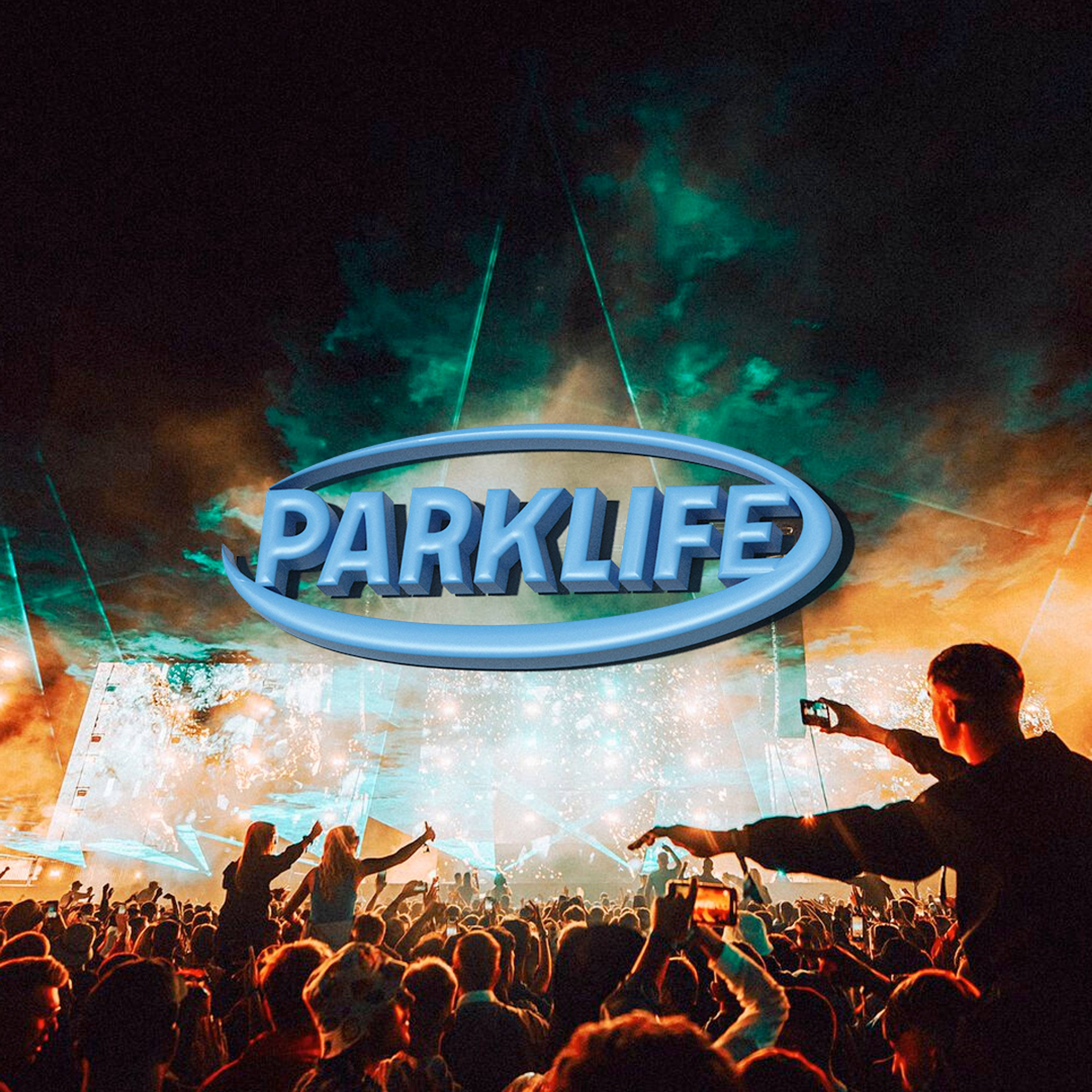Festival stage at night behind the Parklife 2023 logo