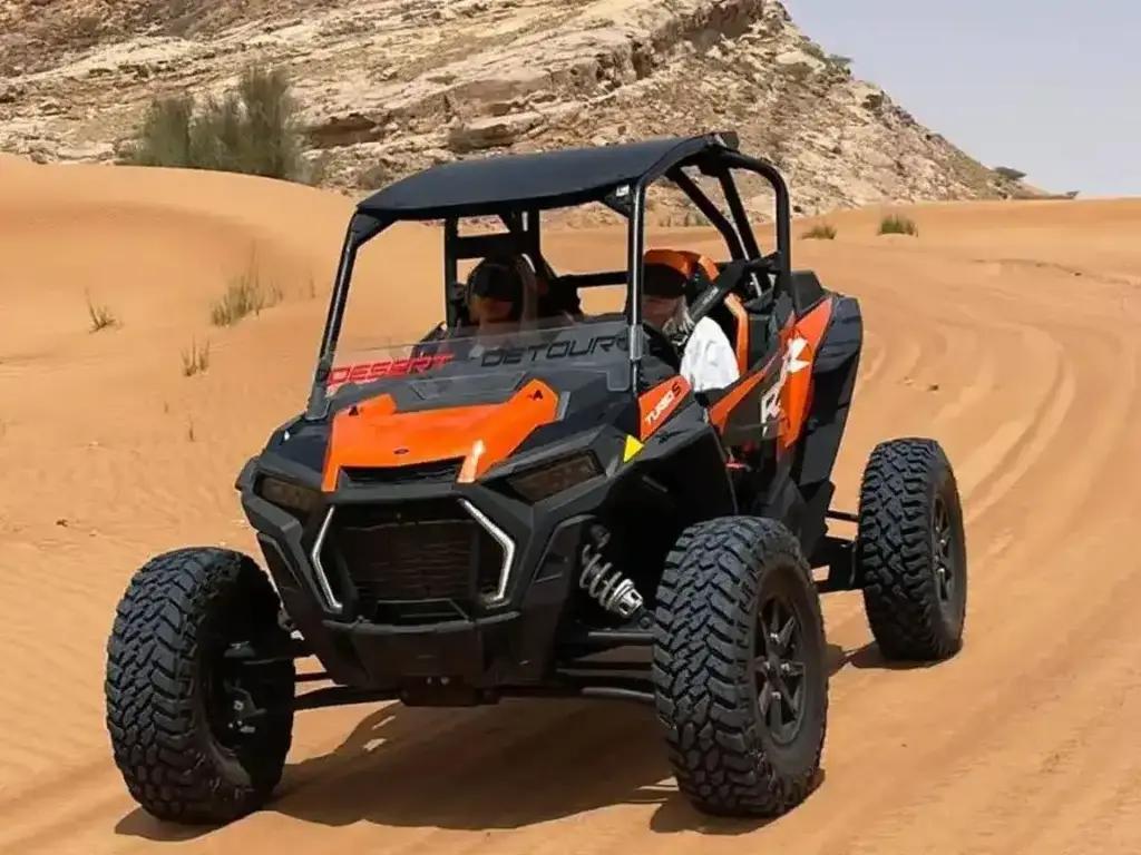 Desert horizon with buggy tracks across the sand