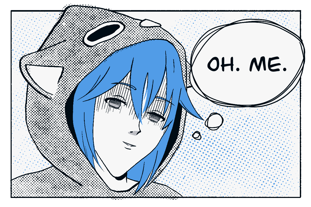 She freezes in embarrassed realization, wearing a blank, dead-eyed expression. Thought bubble: “OH. ME.”