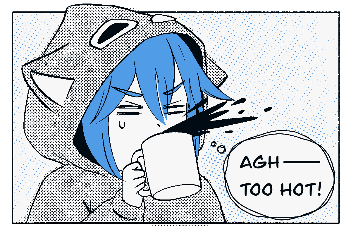 A chibi developer girl in a cat-eared hoodie tries to sip tea and immediately spits it out, sweating in shock. A speech bubble says, “AGH—TOO HOT!”