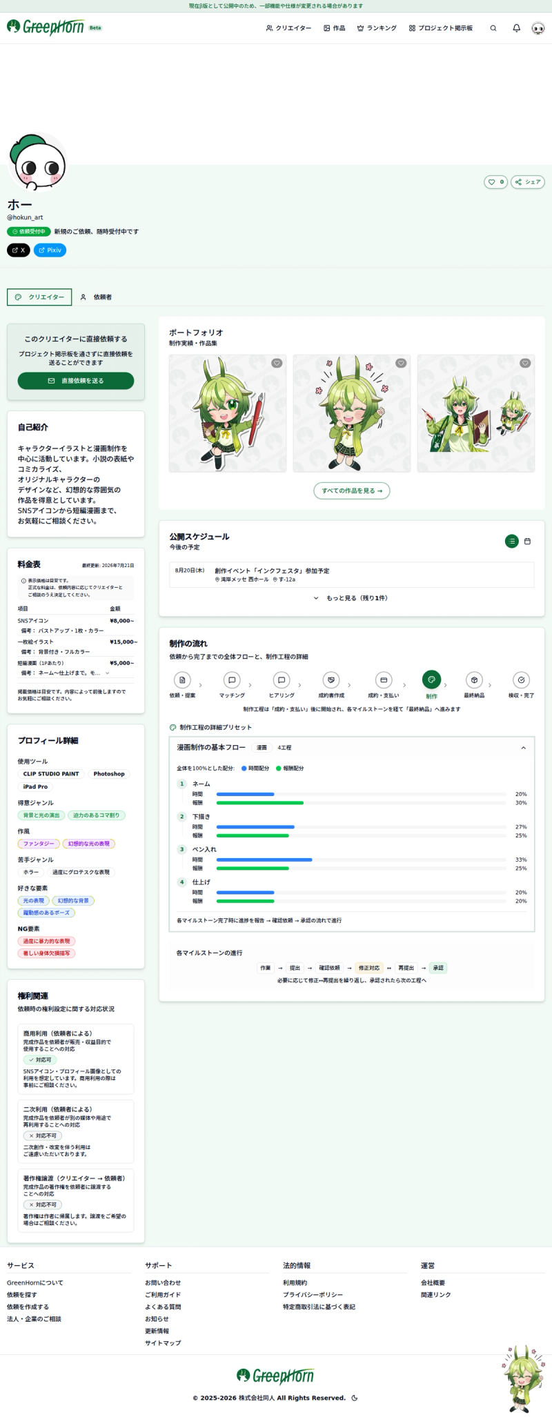 プロフィールから依頼フォームを開くの操作画面