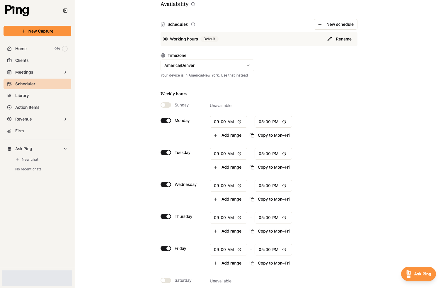 The Availability editor: named schedules, timezone, and weekly hours.