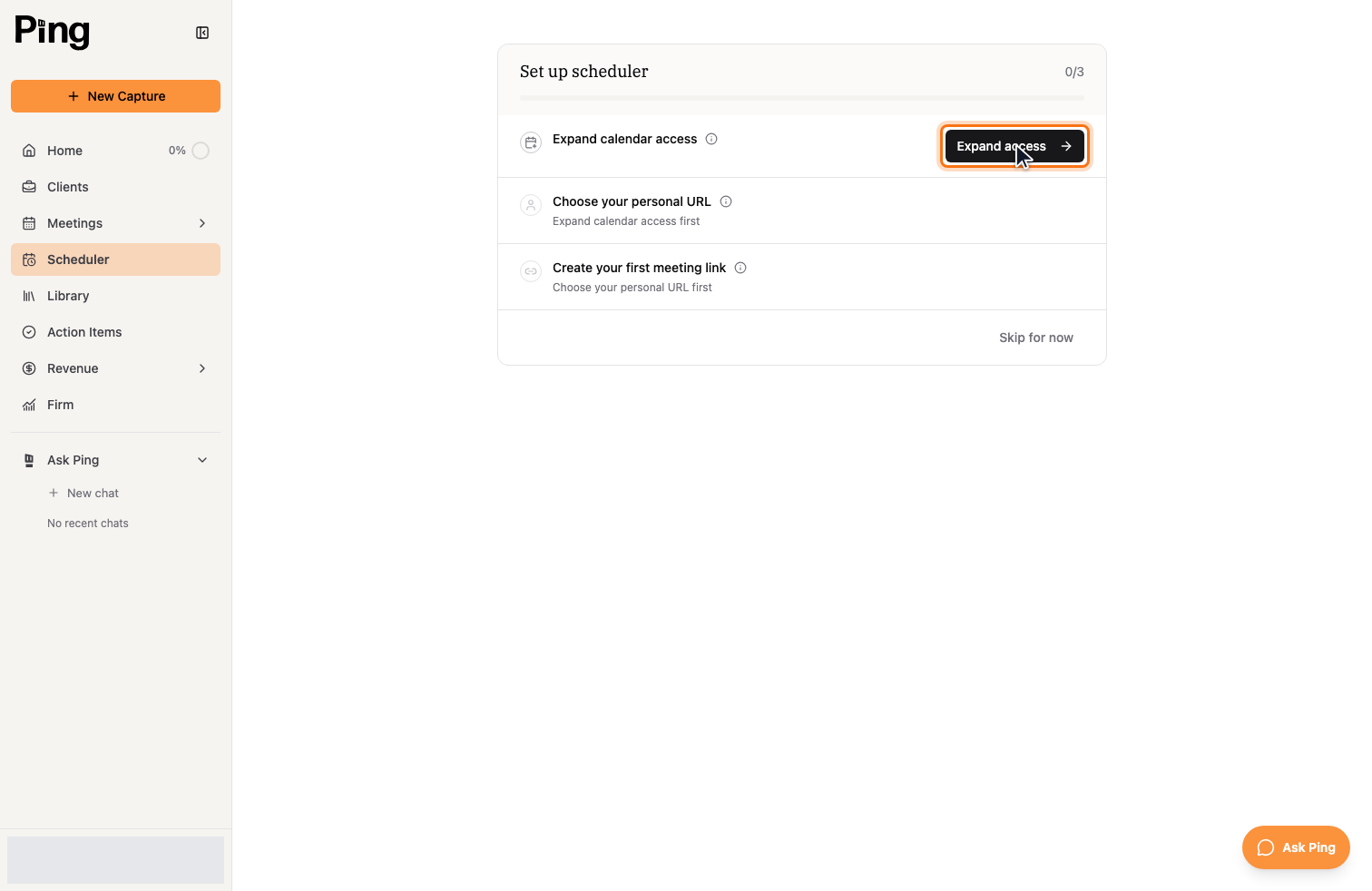 The Set up scheduler checklist: expand calendar access, choose your personal URL, and create your first meeting link.