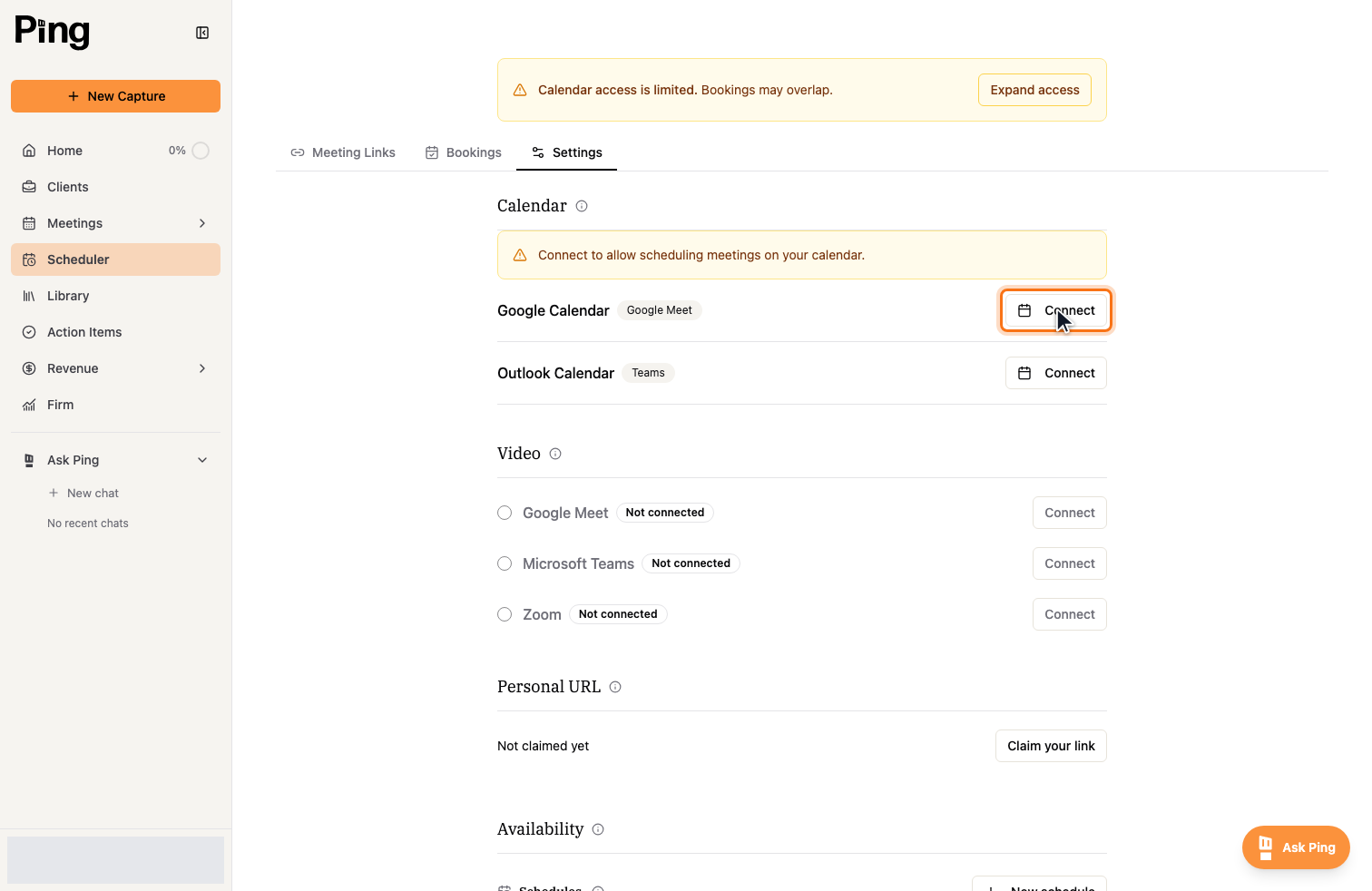 The Calendar section in Settings, where you connect Google Calendar or Outlook Calendar.