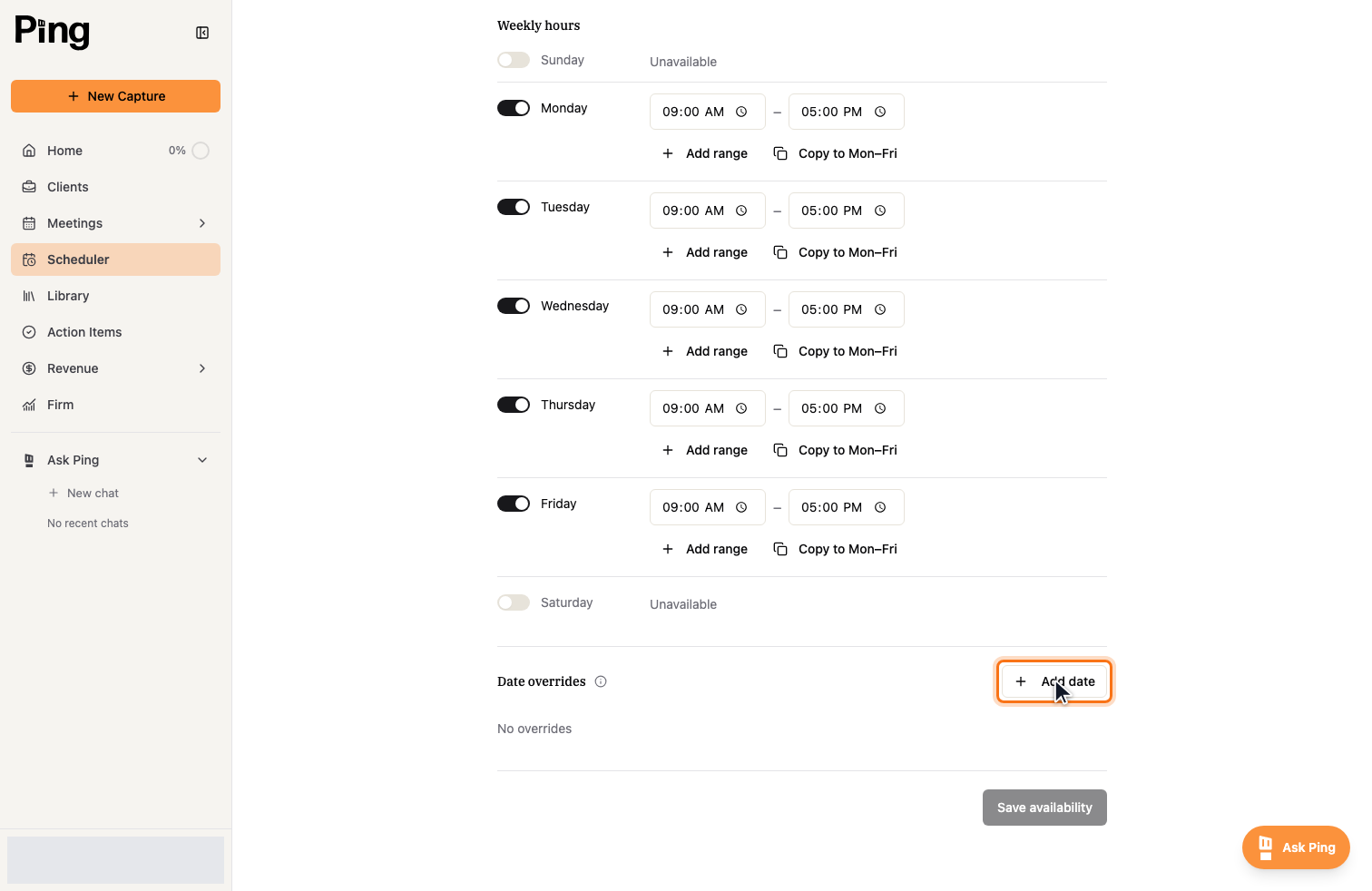 Date overrides let you set different hours, or block off, a specific day.