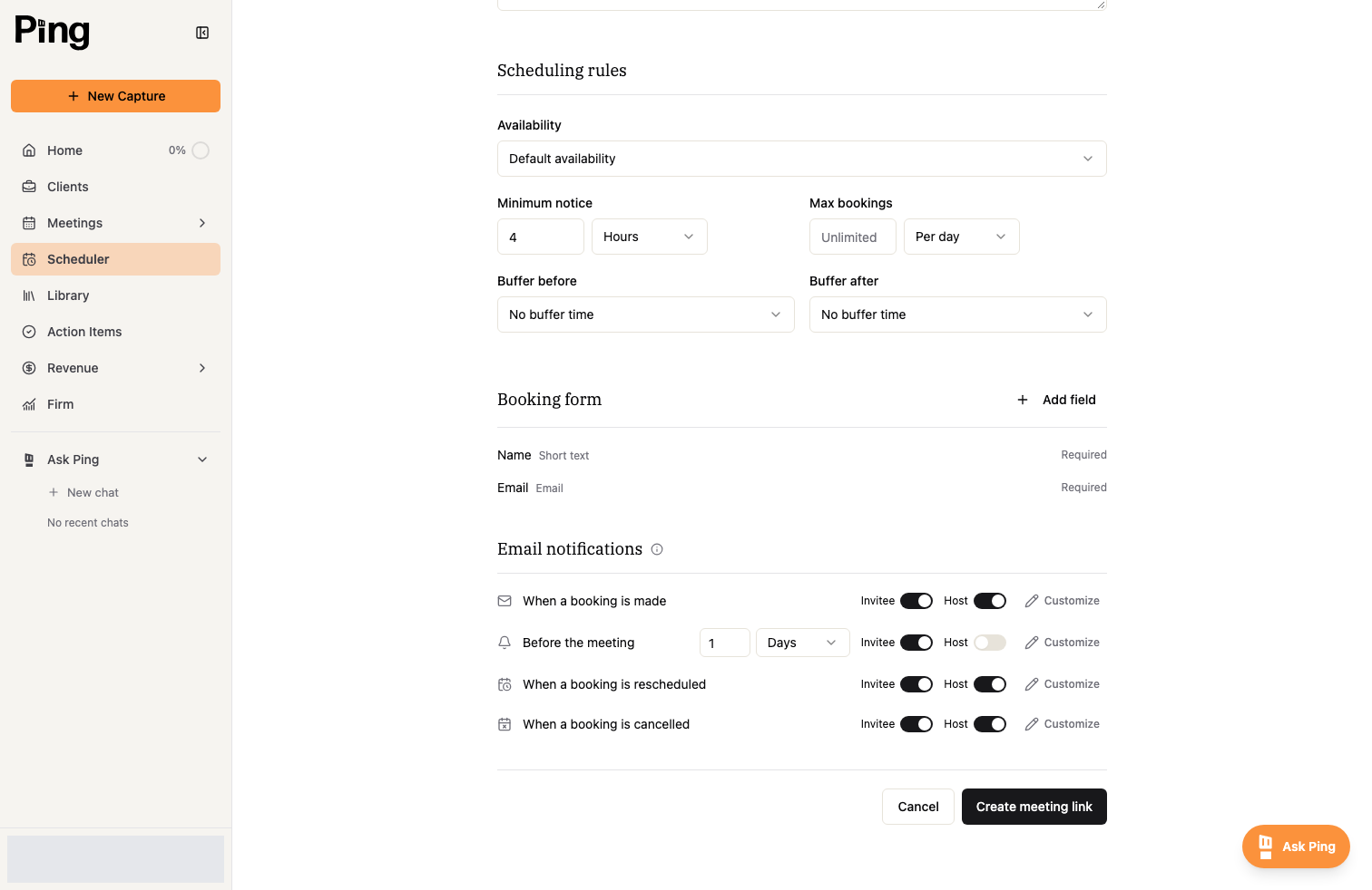 Scheduling rules: availability schedule, minimum notice, booking limits, and buffers.