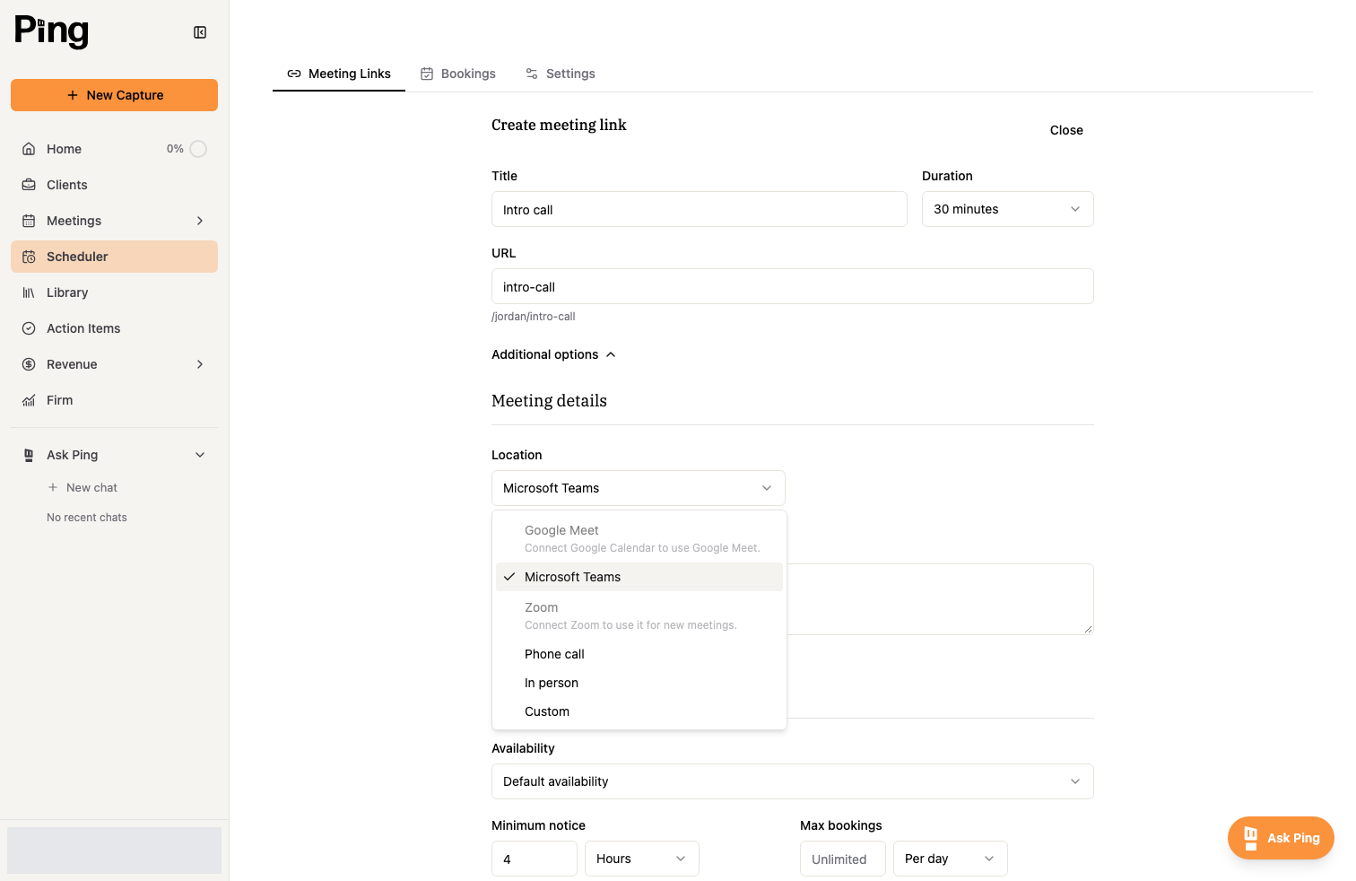 Choose where the meeting happens: a video provider, phone, in person, or a custom location.