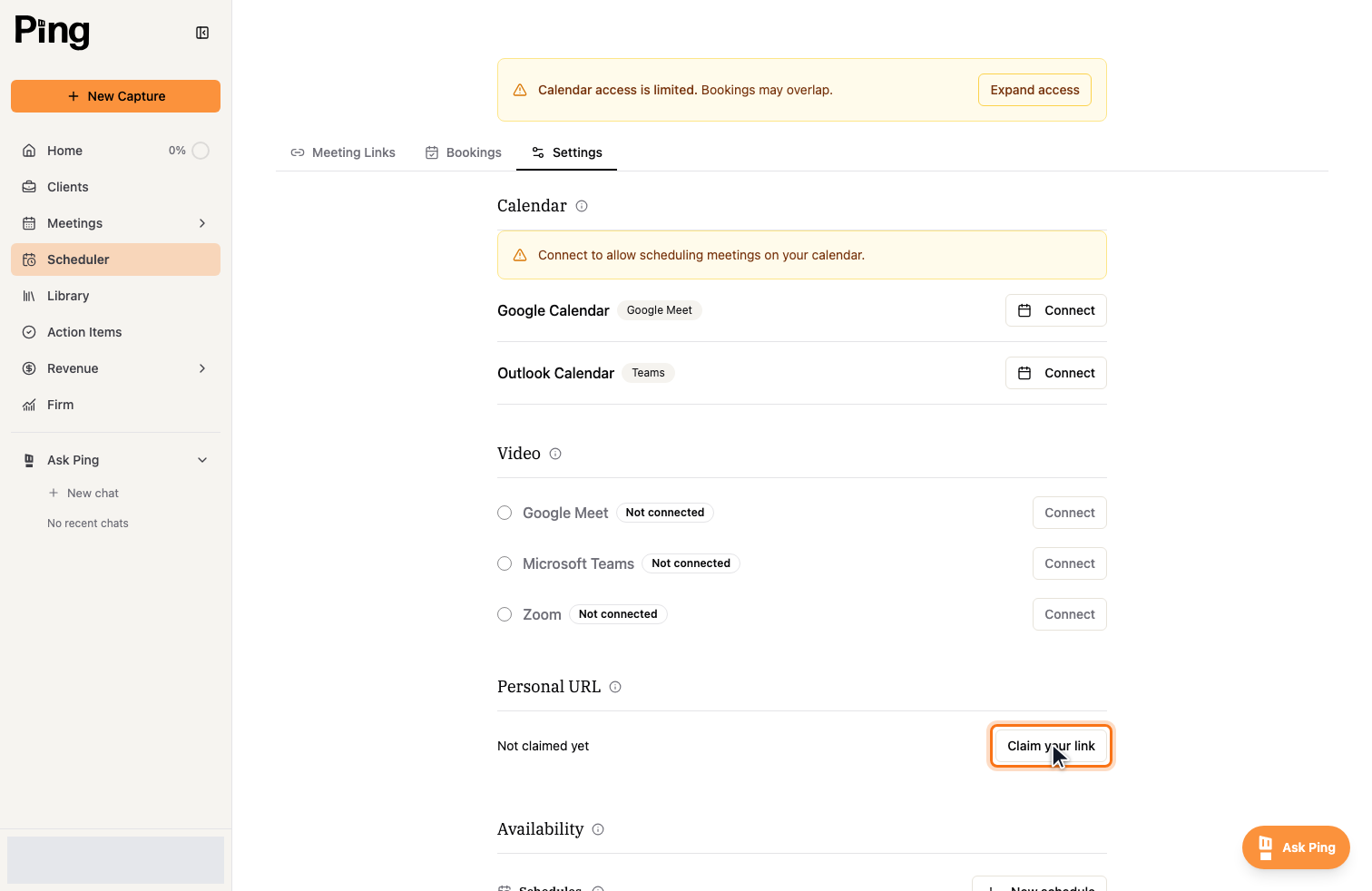 The Personal URL section, where you claim the booking link people use to book time with you.