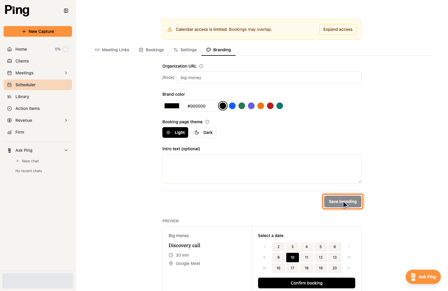 The Branding tab: organization URL, brand color, theme, and intro text, with a live preview of the booking page.