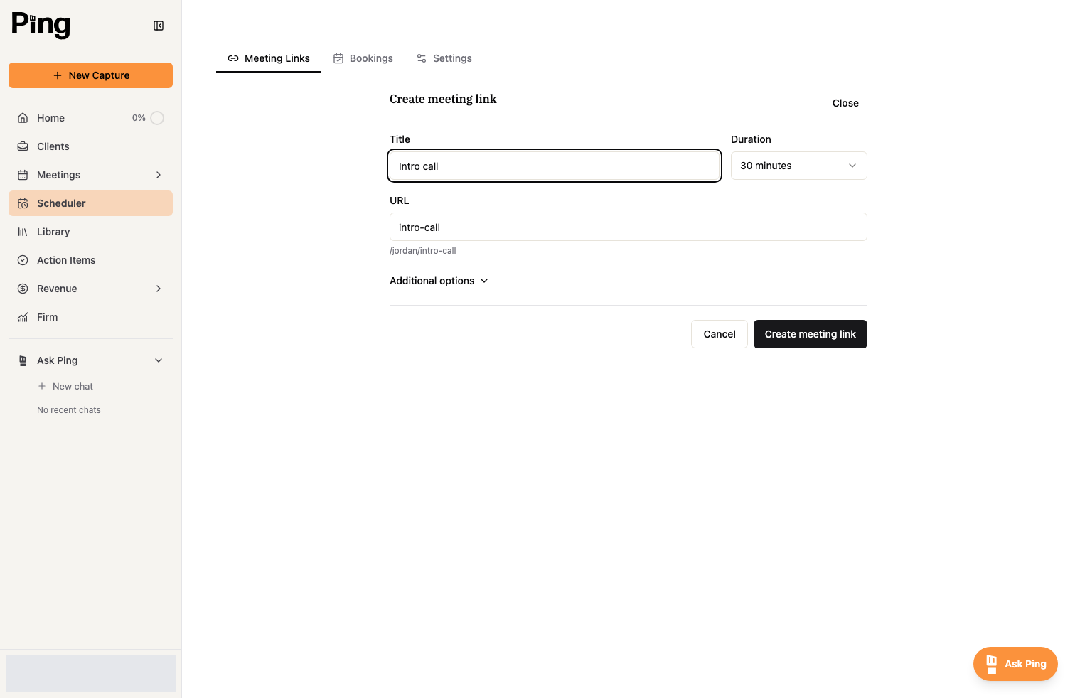 The Create meeting link form: title, duration, and the link URL.