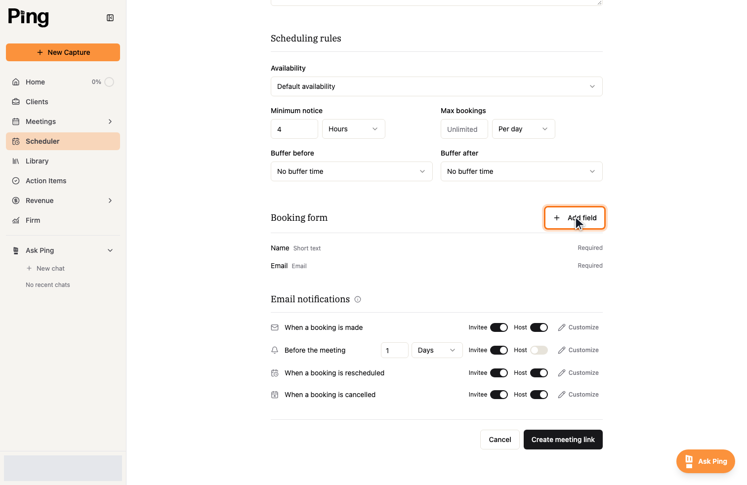 The booking form: Name and Email are required; add your own questions.