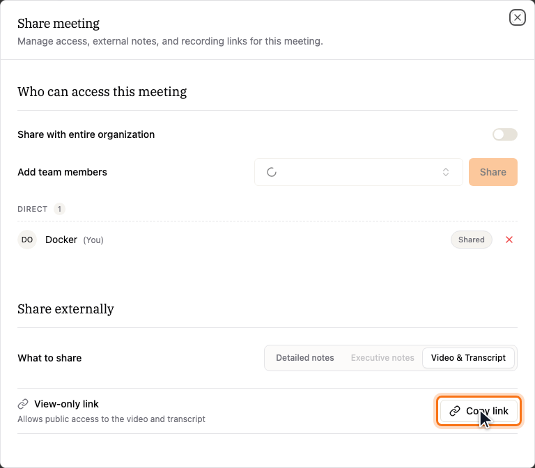Under Share externally, choose Video & Transcript, then Copy link to create a public view-only link.
