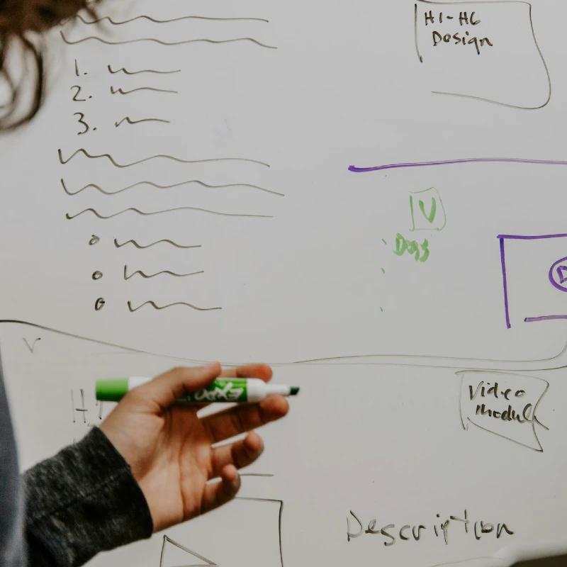 Whiteboard planning session with notes and a marker