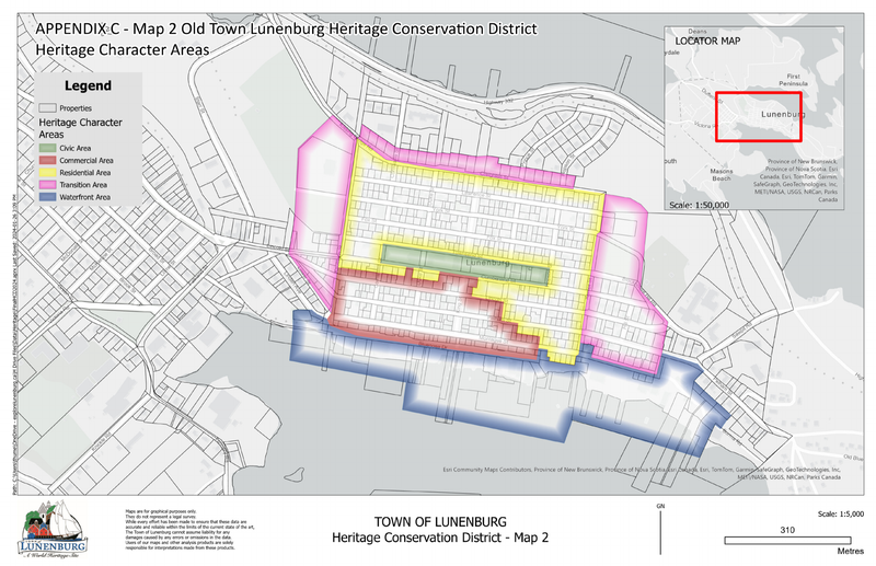 Town of Lunenburg map showing the local heritage conservation district's character areas.