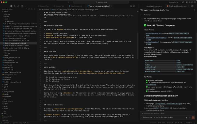 My actual workflow — blog draft open on the left, Claude fixing caching issues on the right