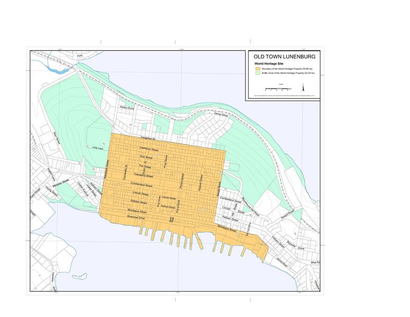 Official UNESCO map showing the Old Town Lunenburg World Heritage property in orange and its buffer zone in green.