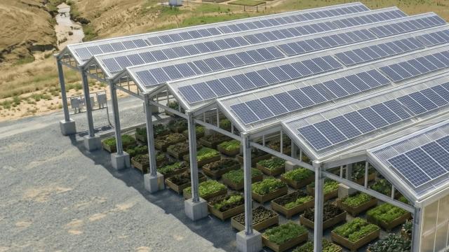 Shade house with photovoltaic panels over crops
