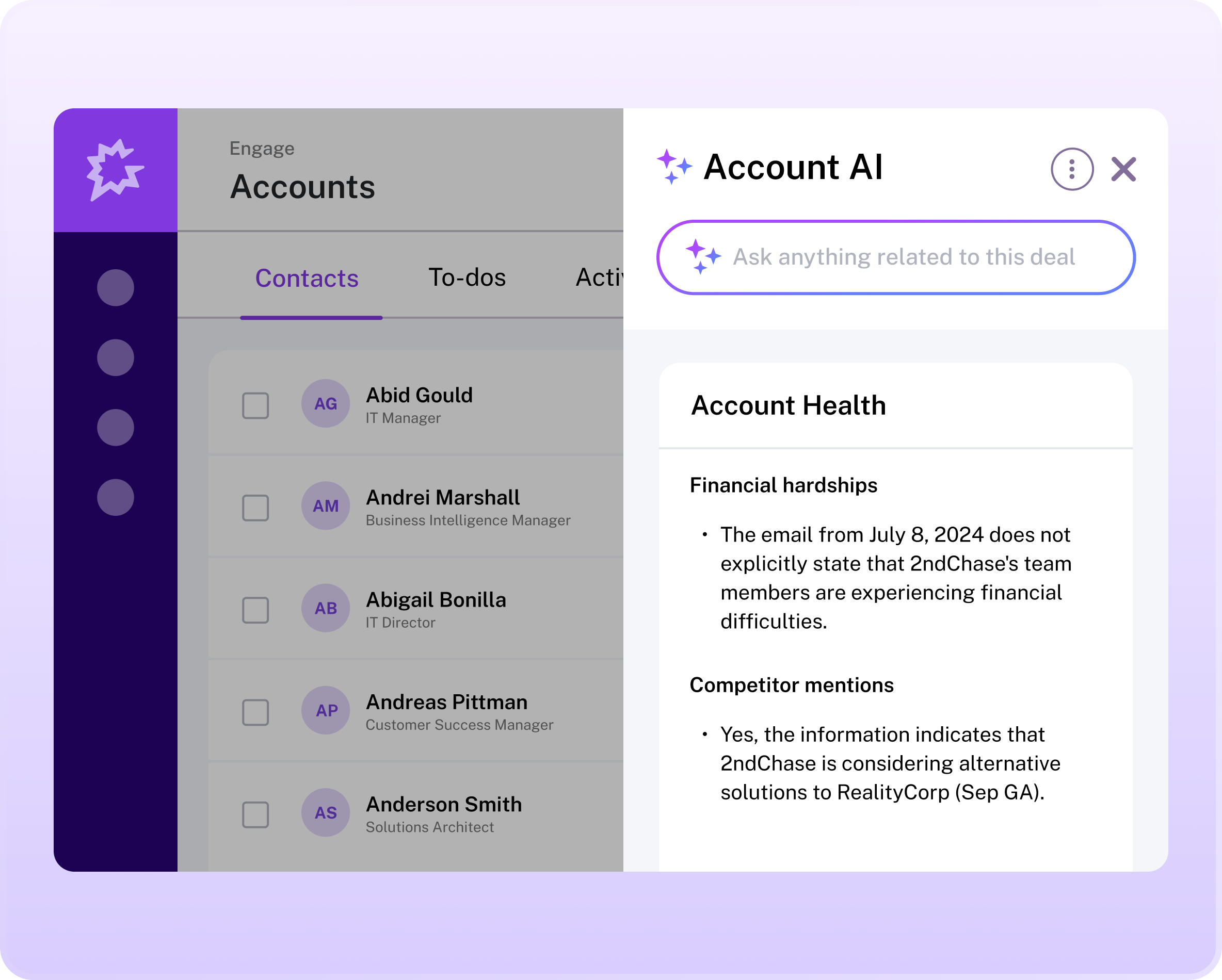 A software interface is shown with a contact list on the left and an "Account AI" sidebar on the right.
