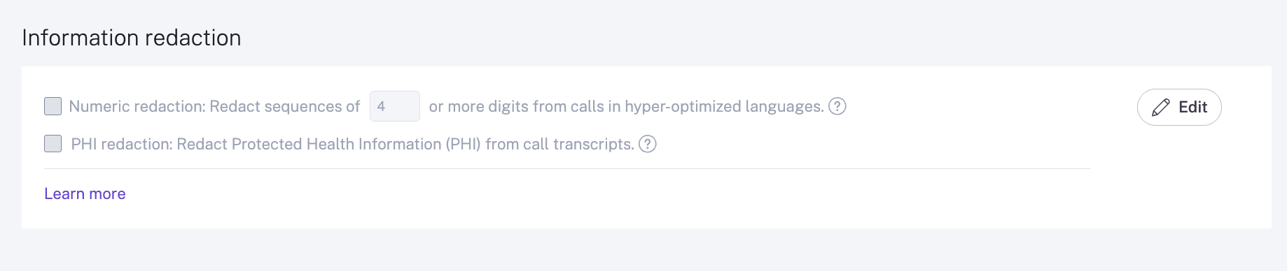 Information redaction menu with examples