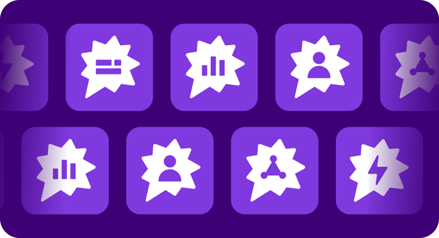 A grid of purple icons, each featuring a white starburst speech bubble with a symbol inside
