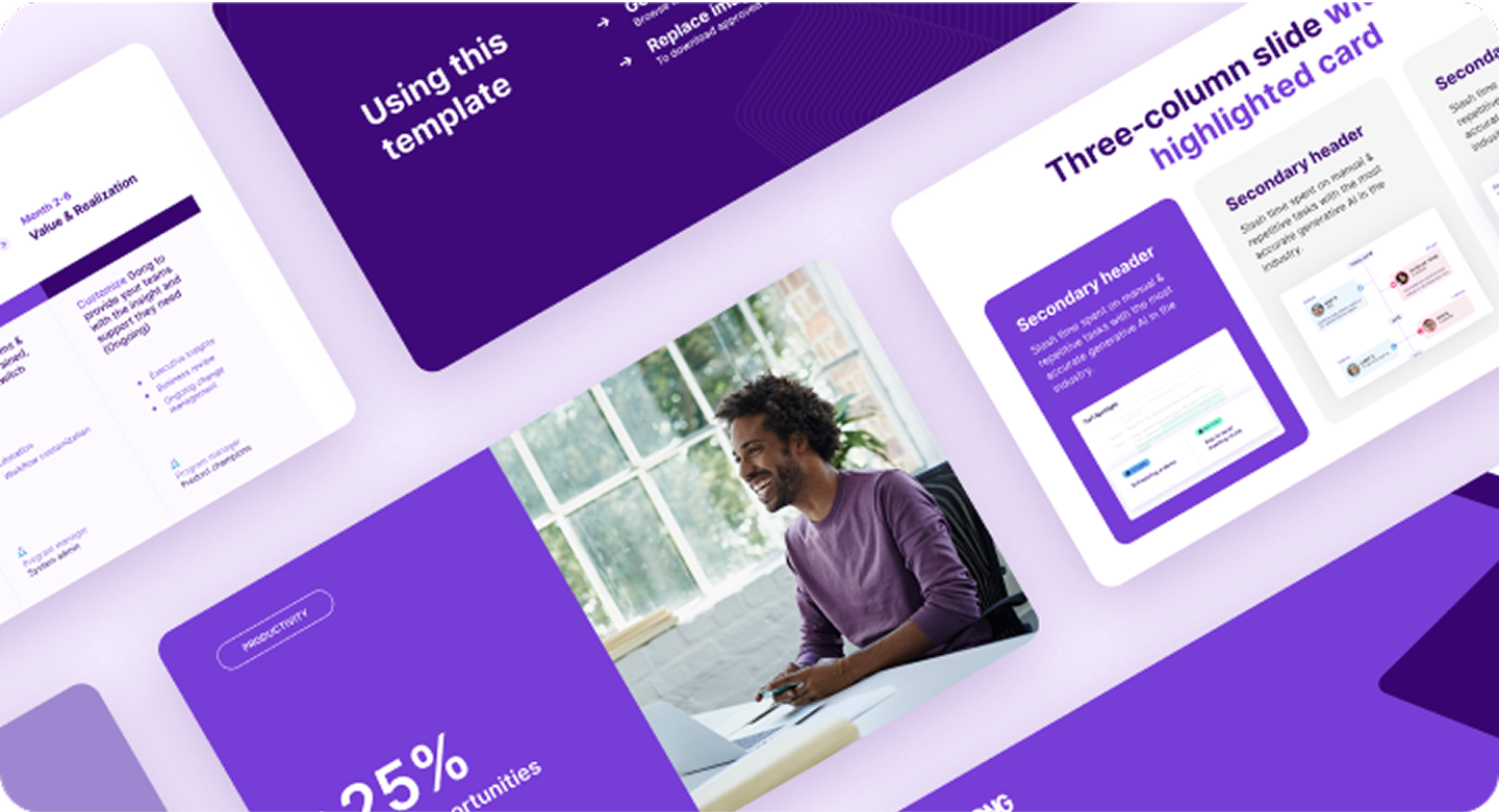 Angled view of a presentation design featuring slides about productivity, a smiling man working on a laptop, and various template layouts.