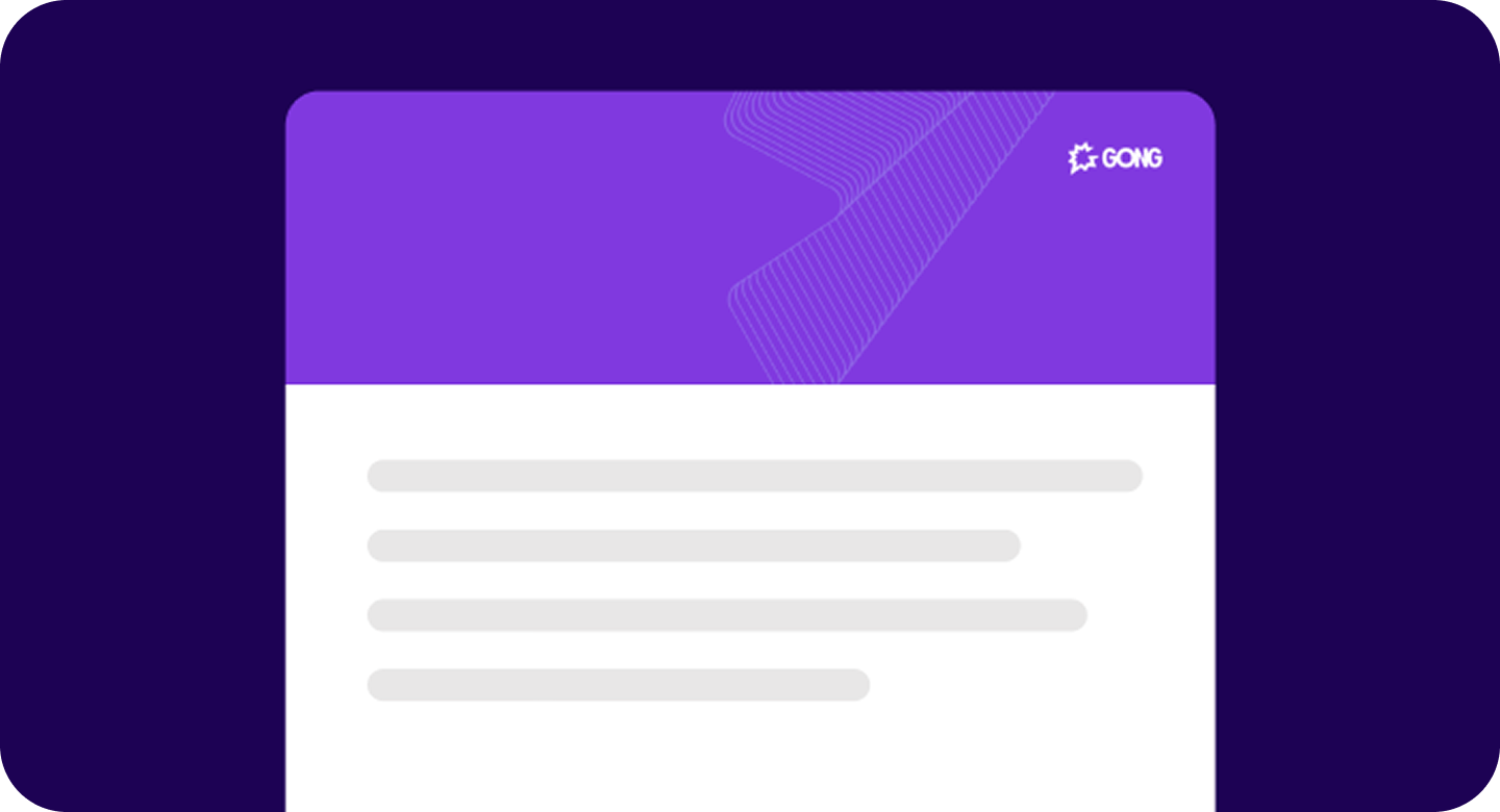 Mock-up of a digital document or webpage with a purple header featuring the Gong logo and placeholder text lines below.