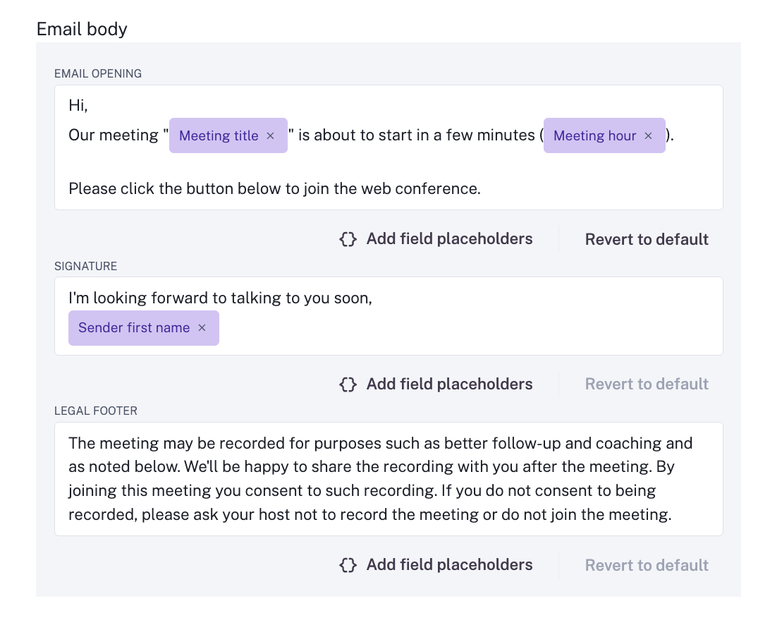 Email body copy with text and a signature and legal footer