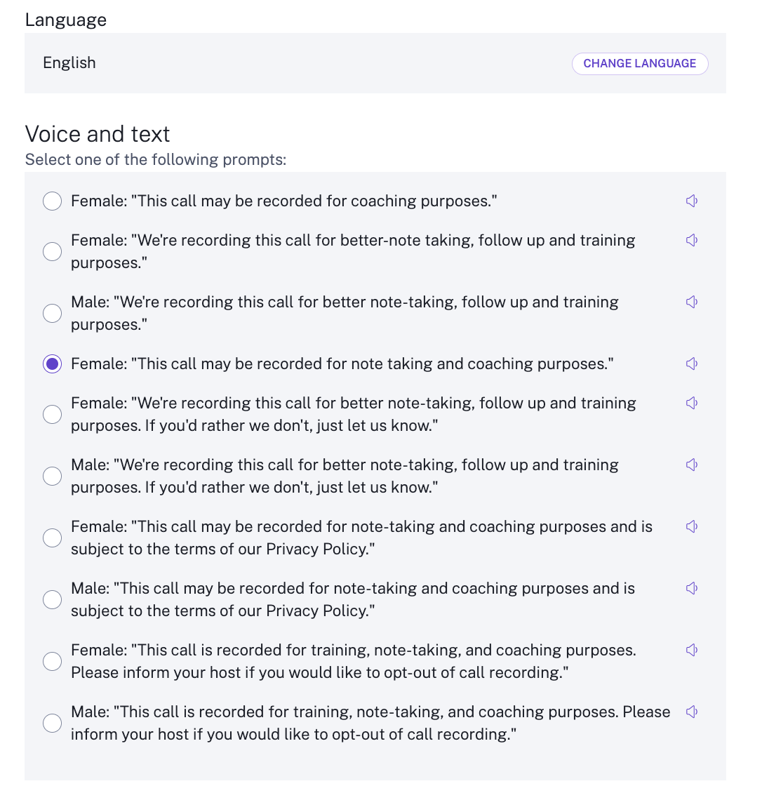 Menu featuring various Voice and Text options