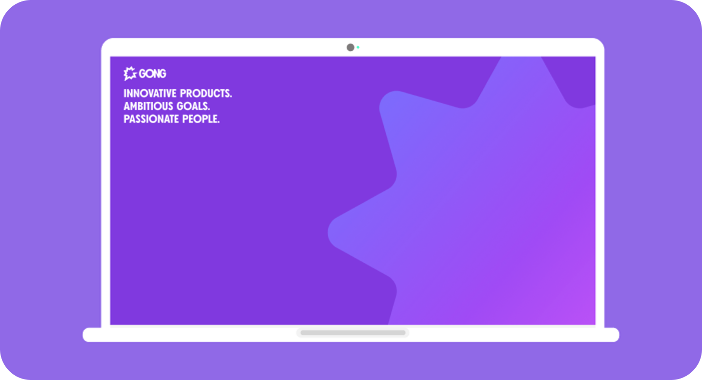 Laptop screen displaying the Gong logo, a purple background graphic, and the motto: Innovative Products. Ambitious Goals. Passionate People.