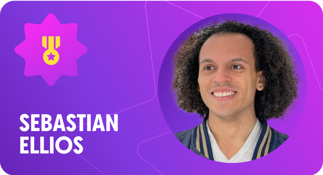 Picture of person and text of their name on a purple gradient background