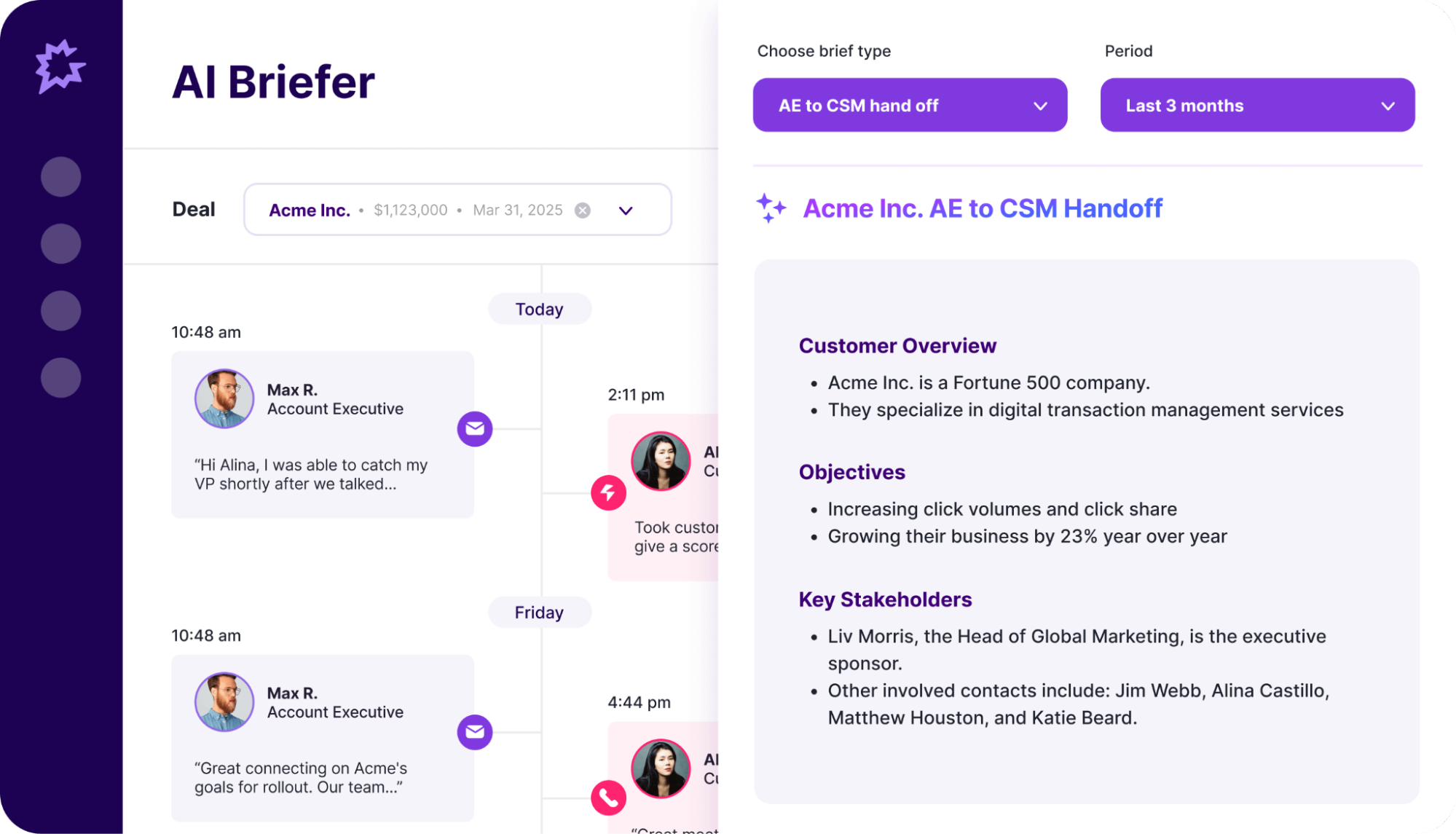A screenshot of the AI Briefer interface shows a conversation timeline on the left and a detailed customer brief on the right