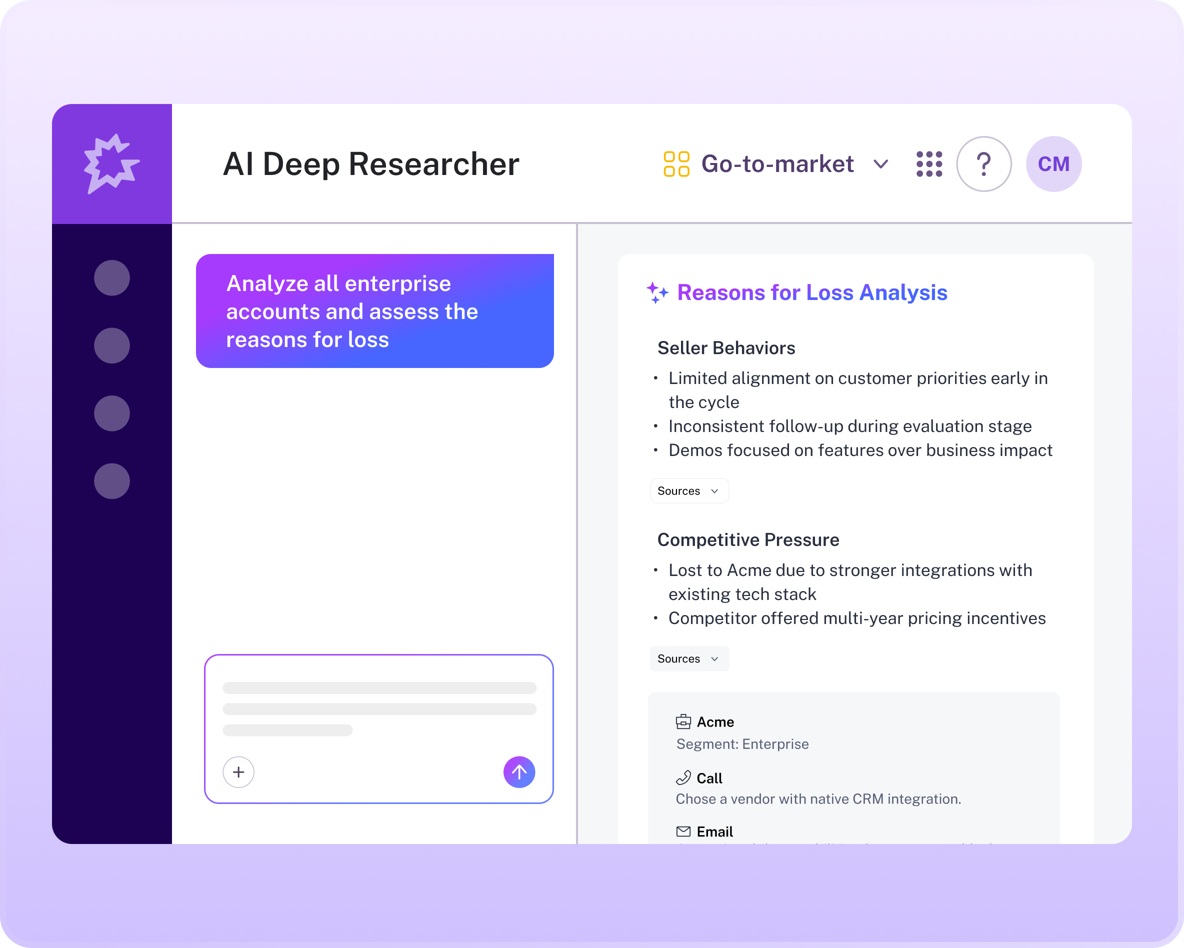 A dashboard interface titled "AI Deep Researcher" with an analysis section on the right