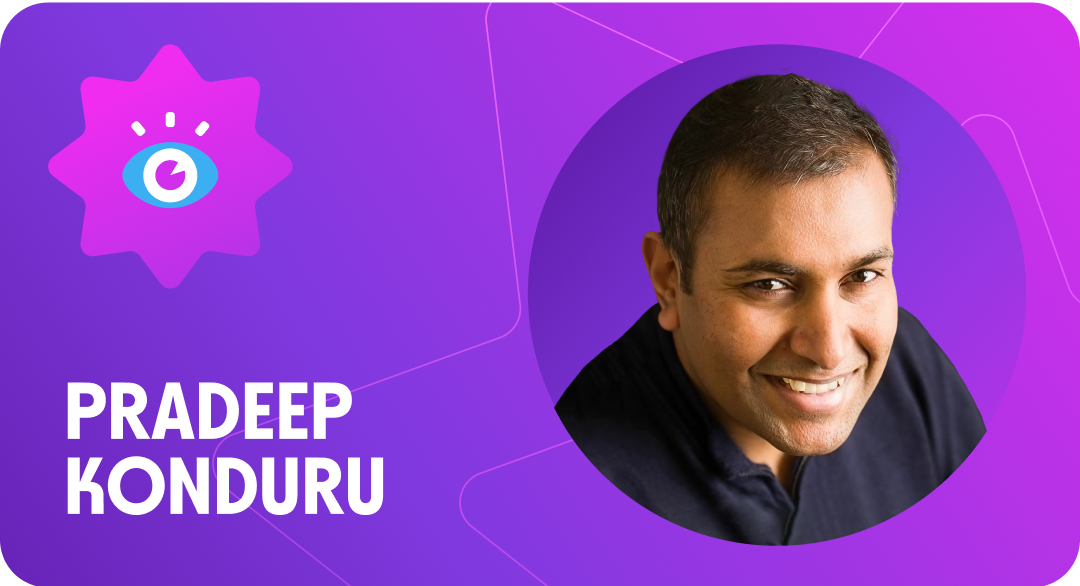 Picture of person and text of their name on a purple gradient background