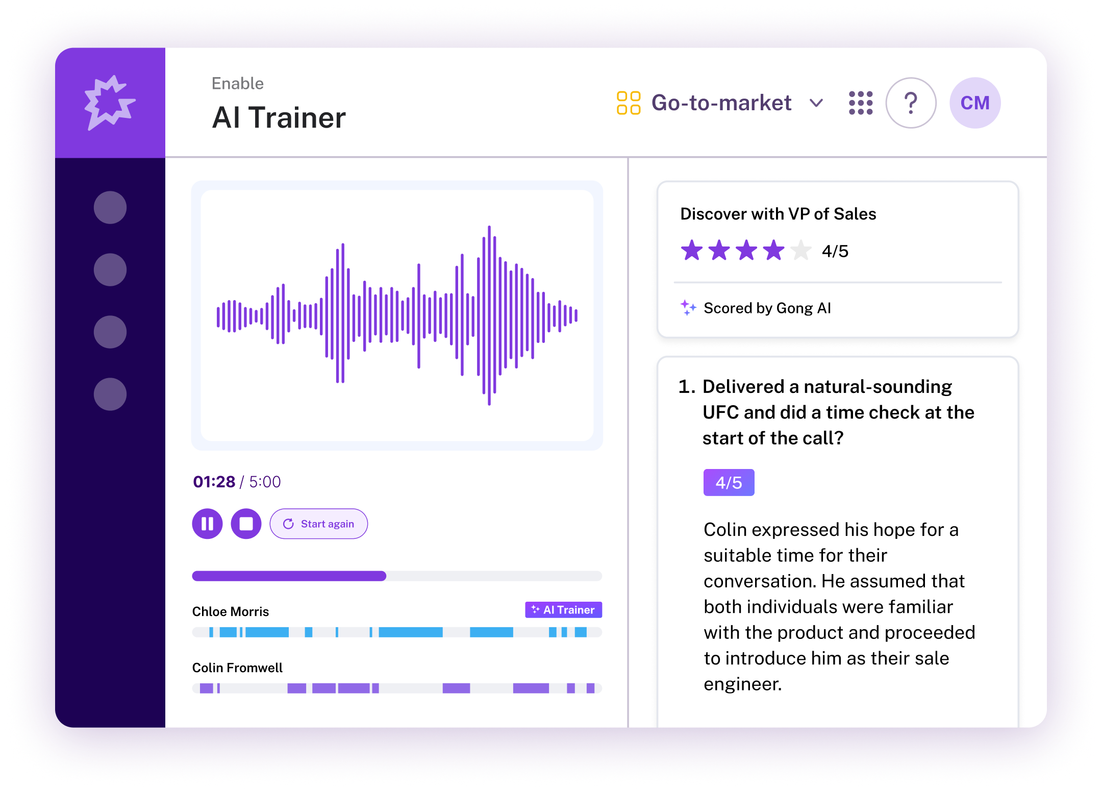 A software screen for an "AI Trainer" is displayed, showing an audio waveform of a 5-minute call, with a score of 4/5 stars for a VP of Sales conversation