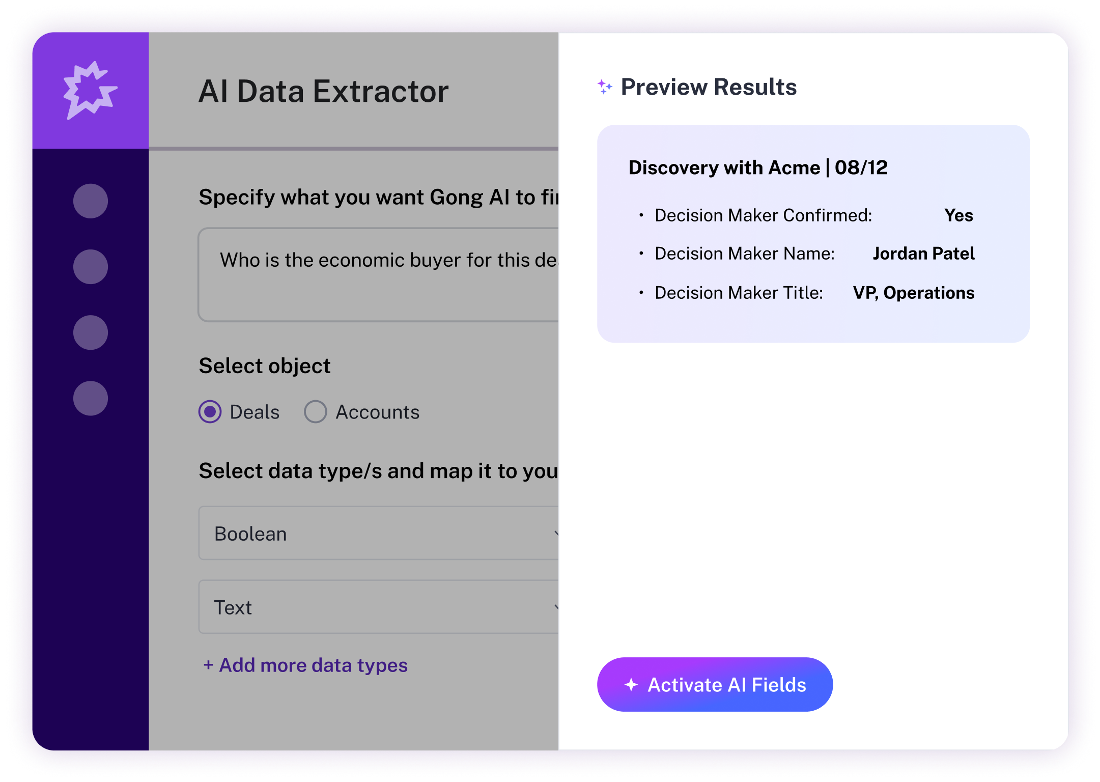 A software interface for an "AI Data Extractor" is displayed, showing a user prompt asking "Who is the economic buyer for this deal?" and a "Preview Results" pane.