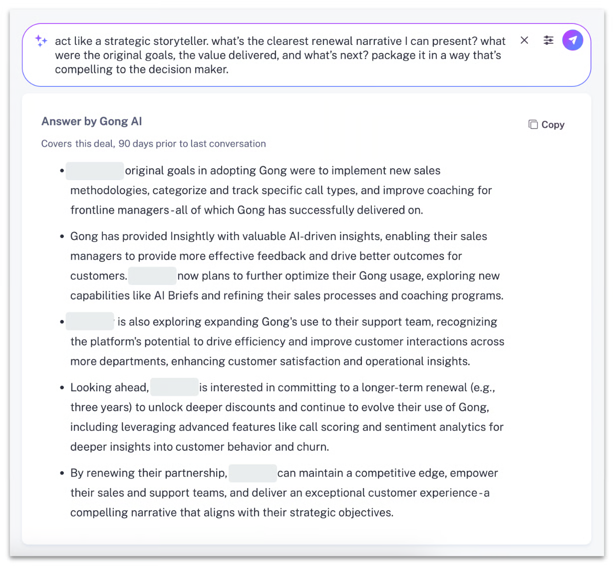 A screenshot of a text input box with a prompt to create a renewal narrative and an AI-generated answer