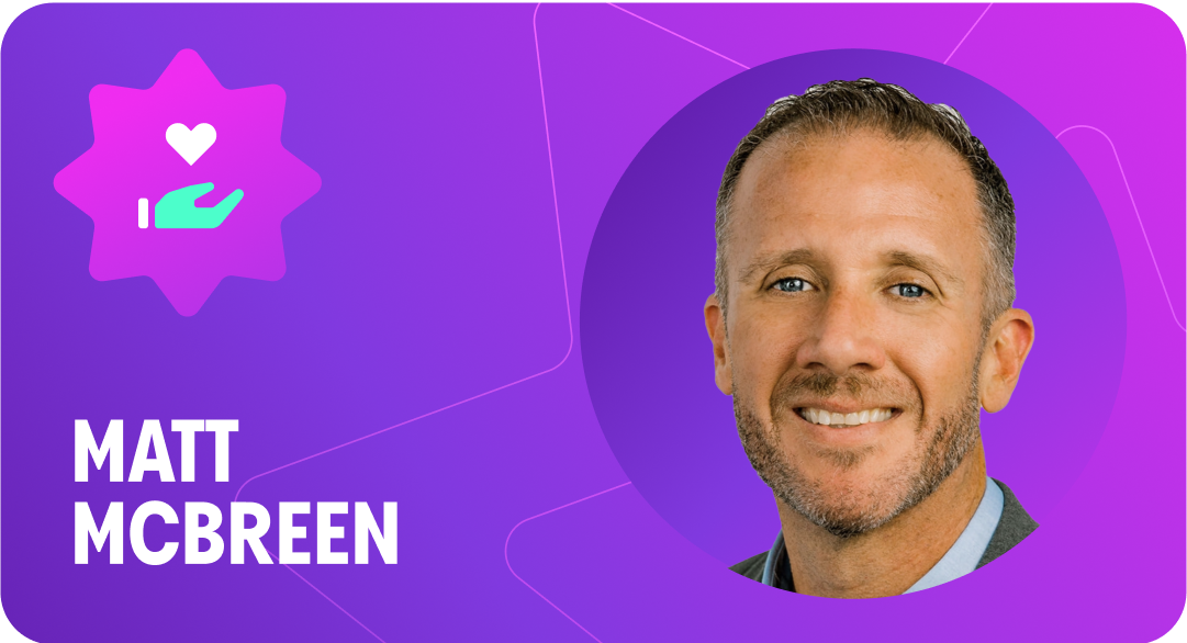 Picture of person and text of their name on a purple gradient background