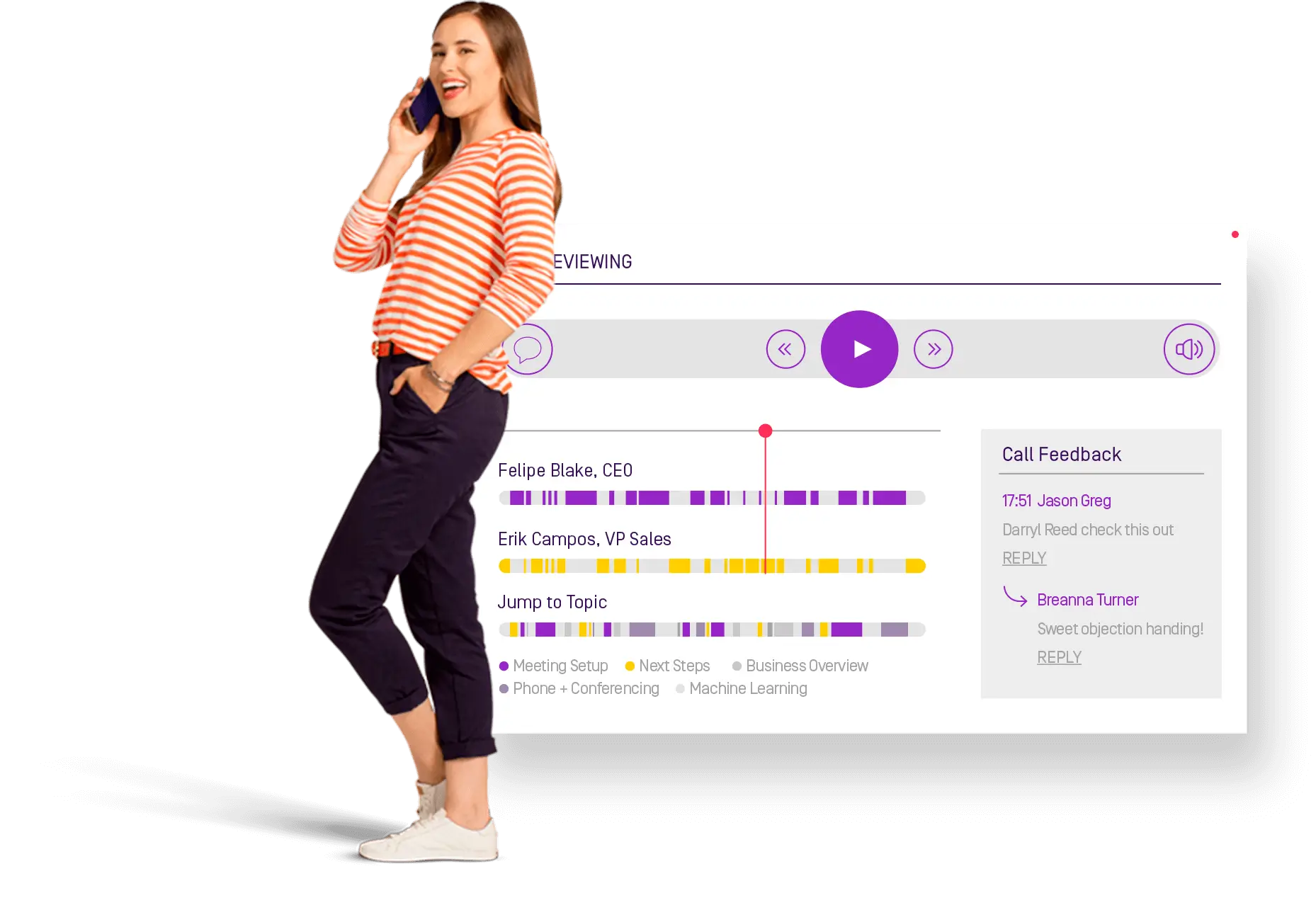 woman on the phone standing next to screenshot of an audio player with transcript