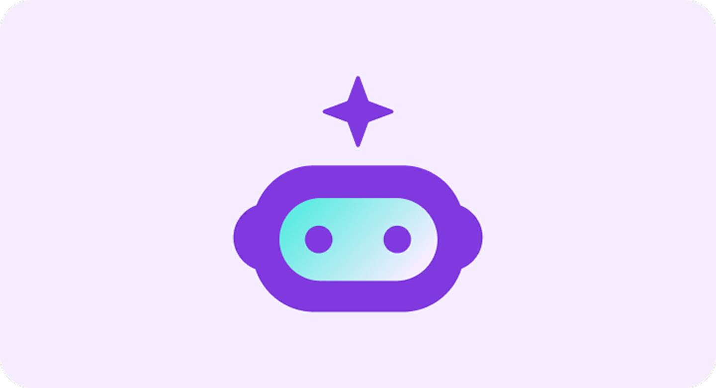 Icon of a purple robot or chatbot head with a spark above it.